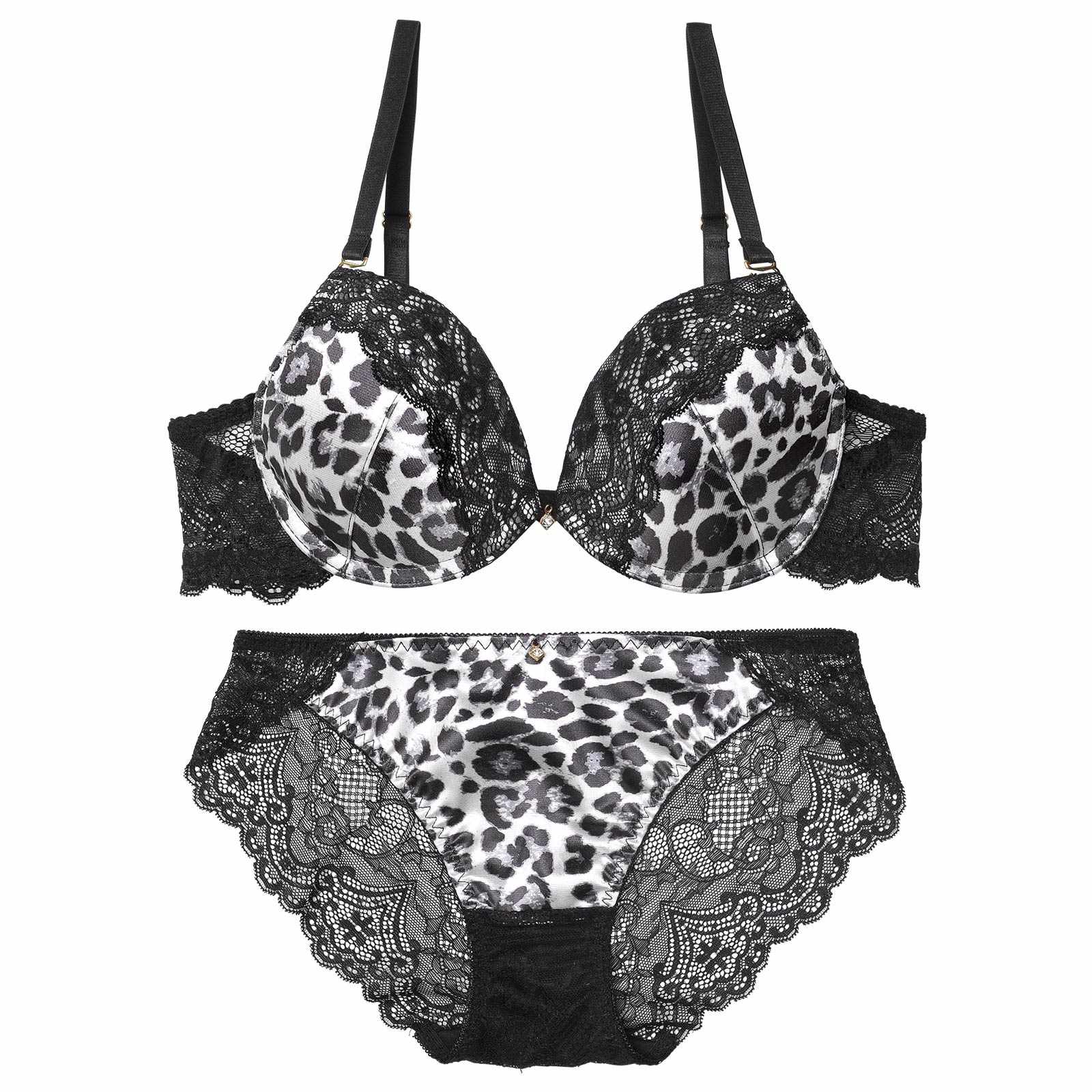 【EFサイズ】サテンレオパードレースブラジャー&バック透けフルバックショーツ