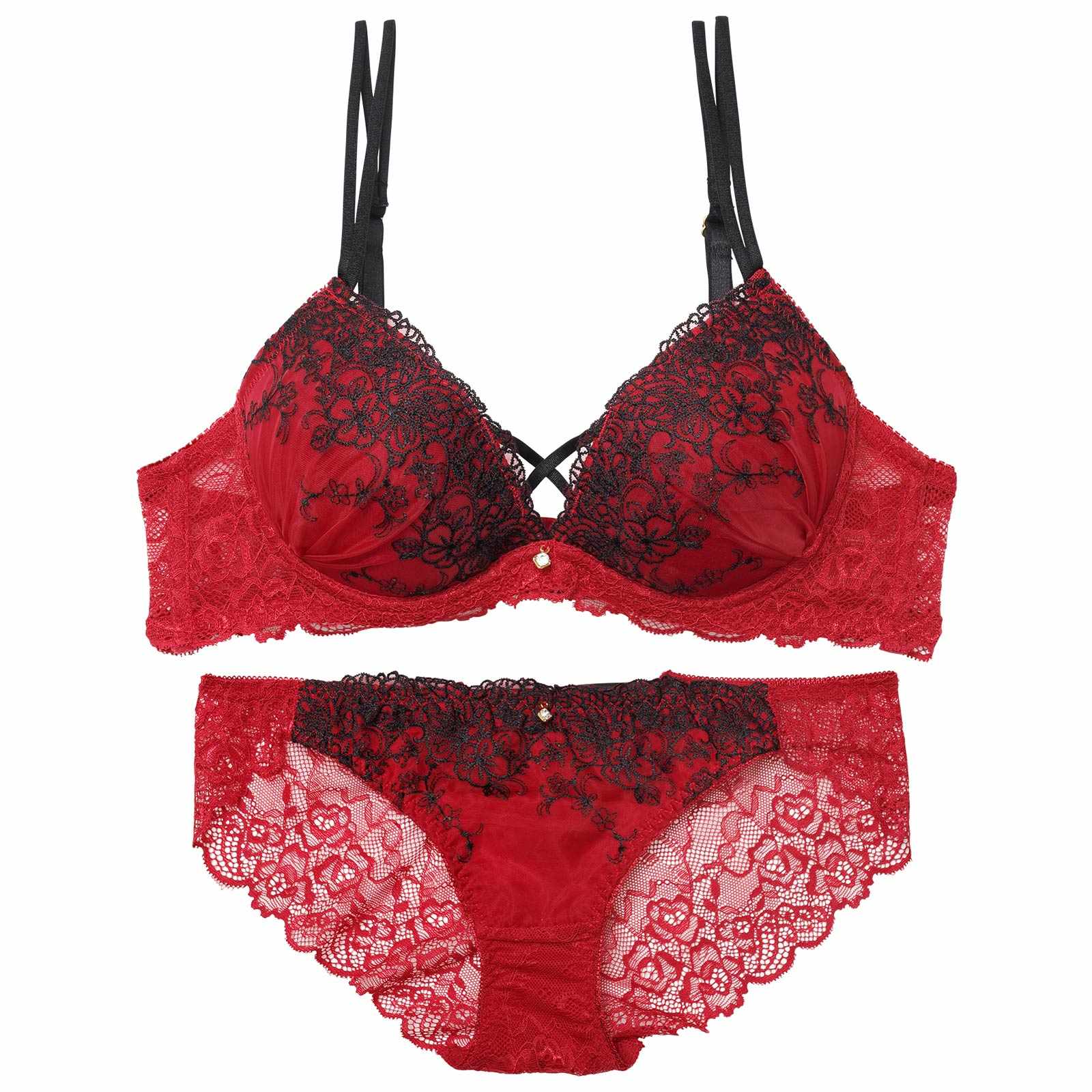 ディープクロスエンブロイダリーブラジャー&バック透けフルバックショーツ