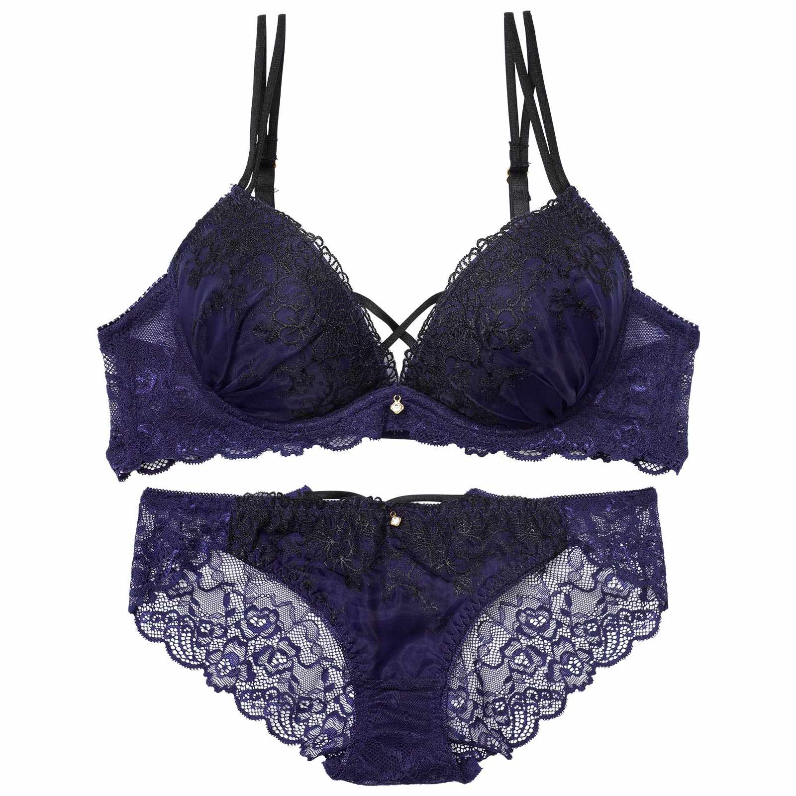 ディープクロスエンブロイダリーブラジャー&バック透けフルバックショーツ