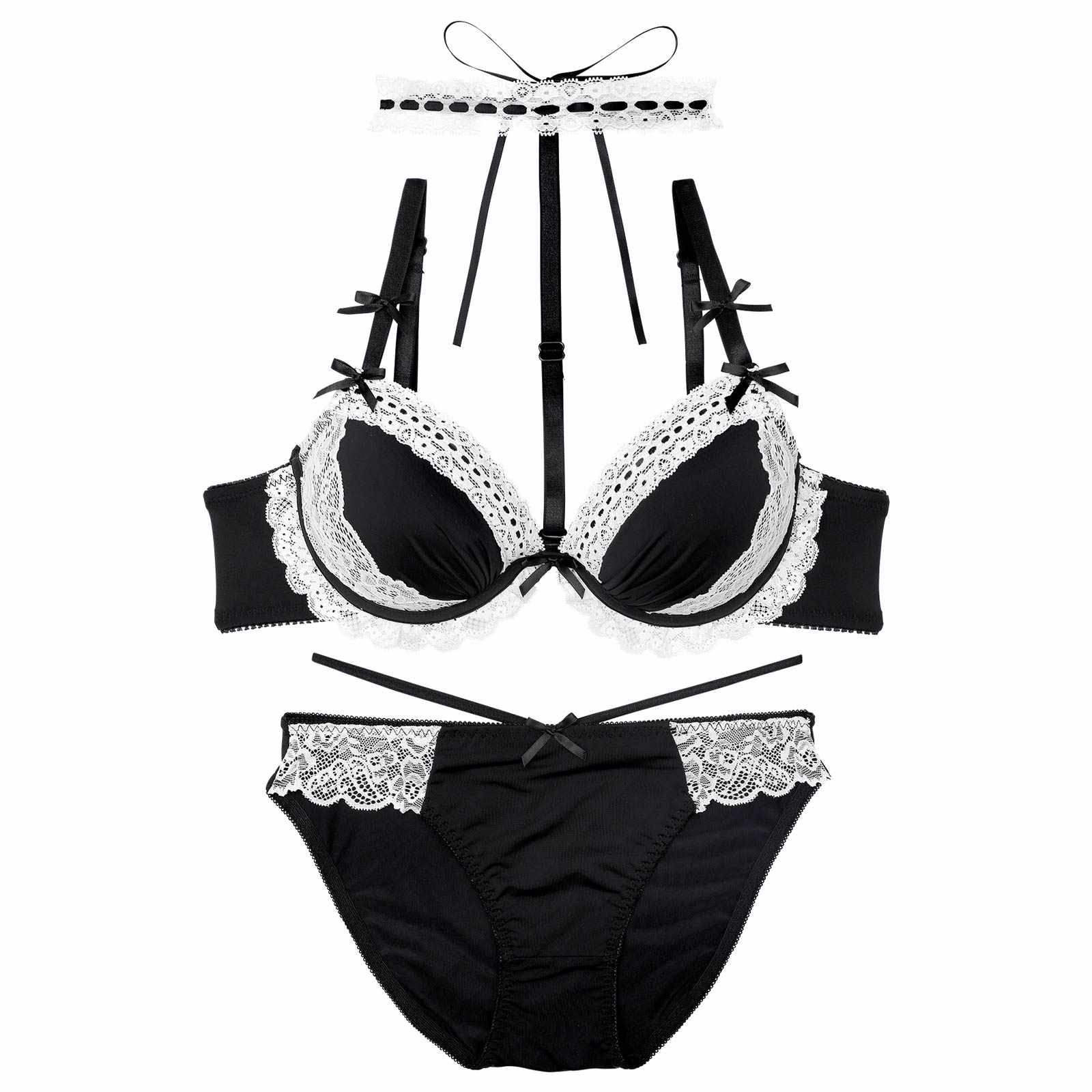 ゴシックレースチョーカーブラジャー&フルバックショーツ