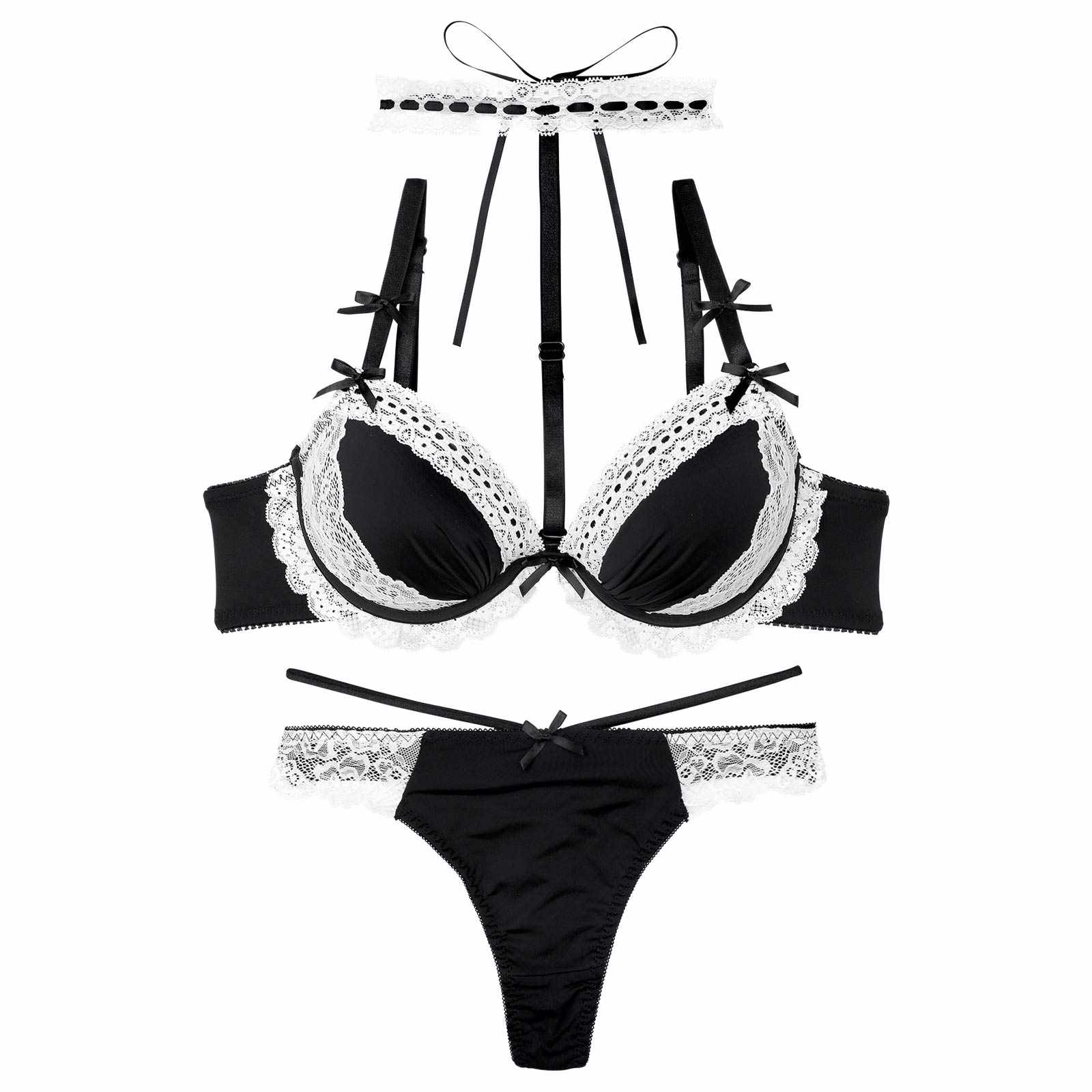 ゴシックレースチョーカーブラジャー&Tバックショーツ
