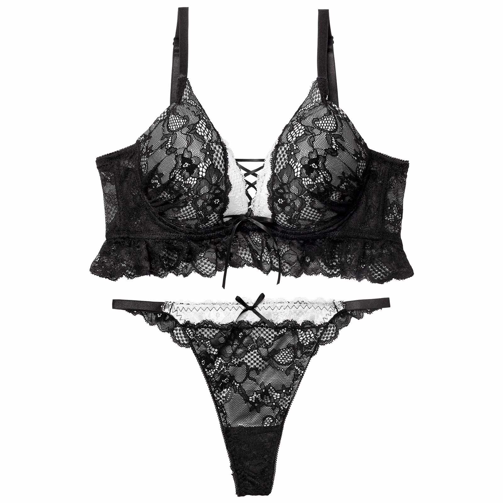 12/26新作!ディープリボンレースアップ育乳脇高ブラジャー&バック透けTバックショーツ