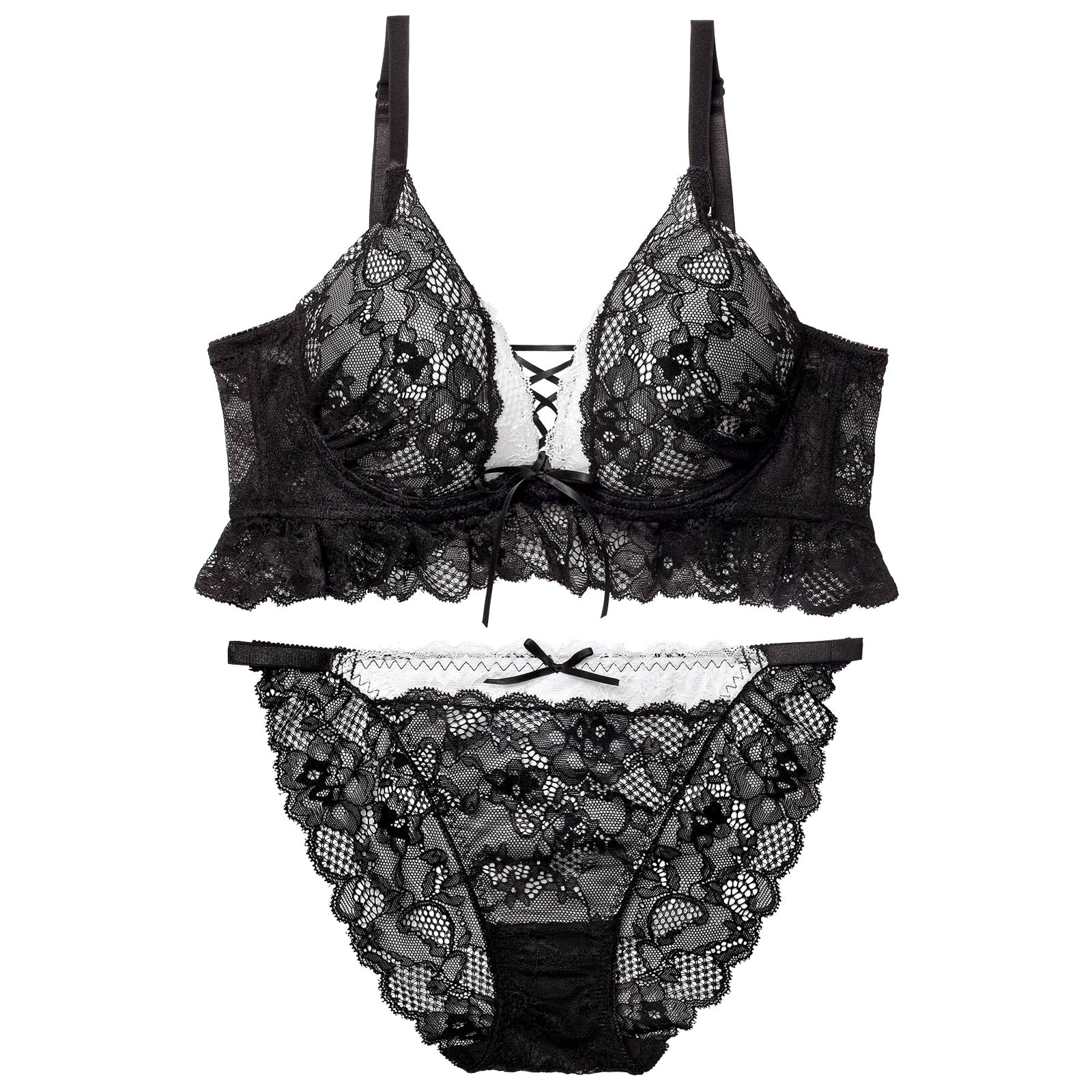 11/17新作!【EFサイズ】ディープリボンレースアップ育乳脇高ブラジャー&バック透けフルバックショーツ