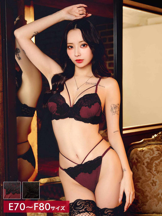 3/18新作!【EFサイズ】シャドウレーシィコードブラジャー&バック透けフルバックショーツ