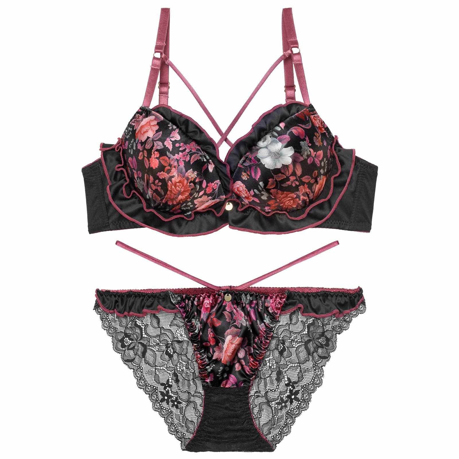 12/29新作!【EFサイズ】グロリアスブルームフリルブラジャー&バック透けフルバックショーツ