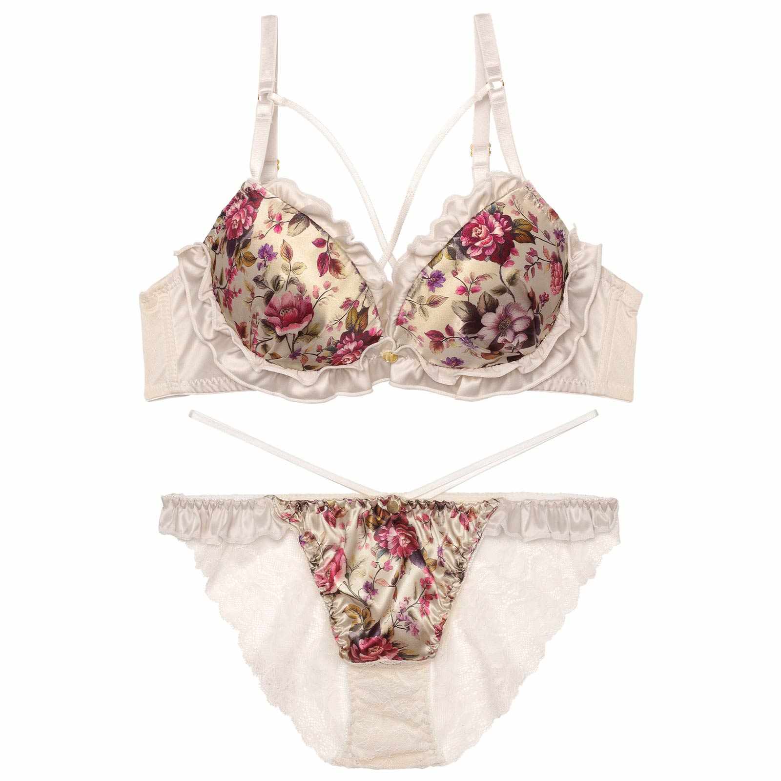 12/29新作!【EFサイズ】グロリアスブルームフリルブラジャー&バック透けフルバックショーツ