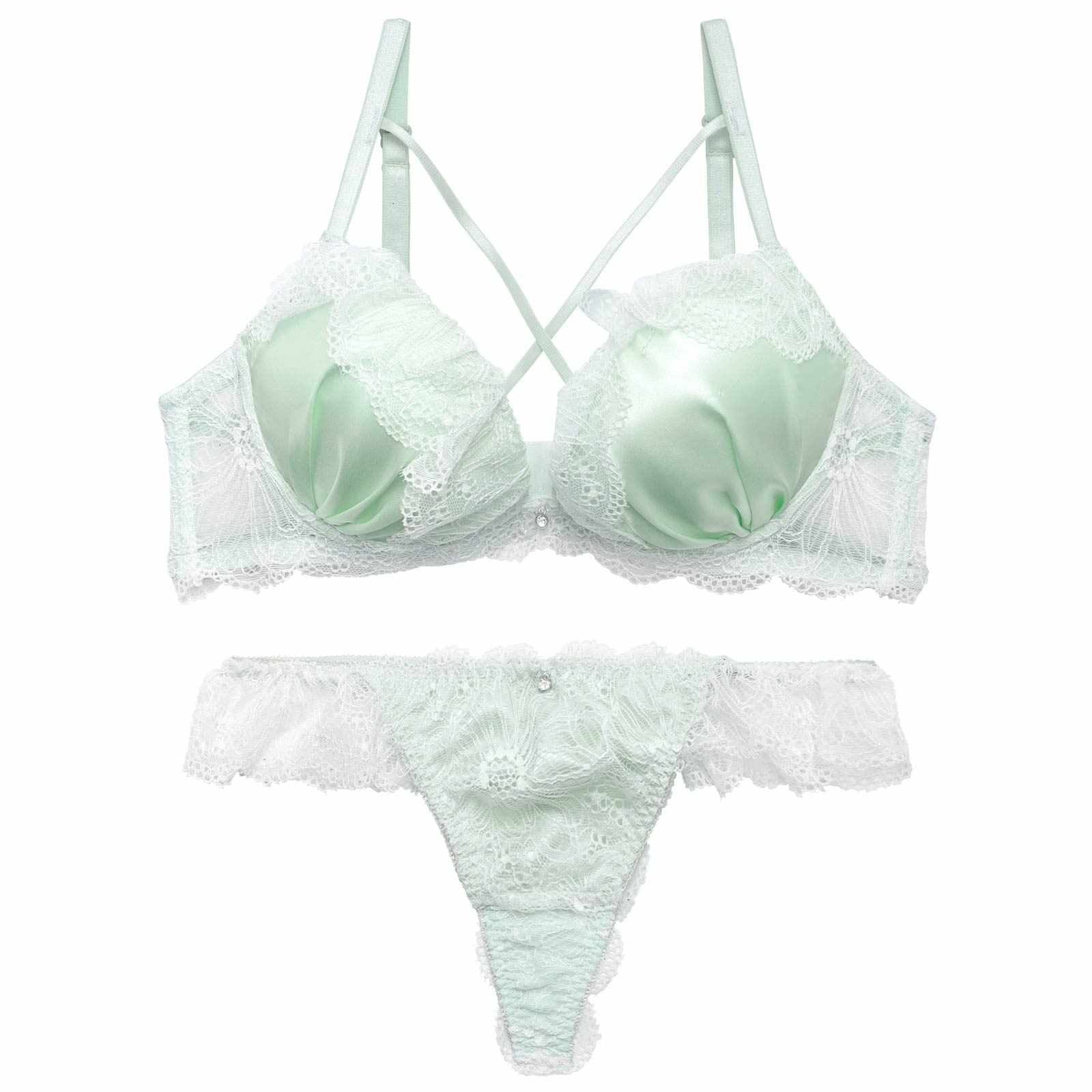 4/8新作!【かとゆり着用】ミルキーサテンレースブラジャー&バック透けTバックショーツ