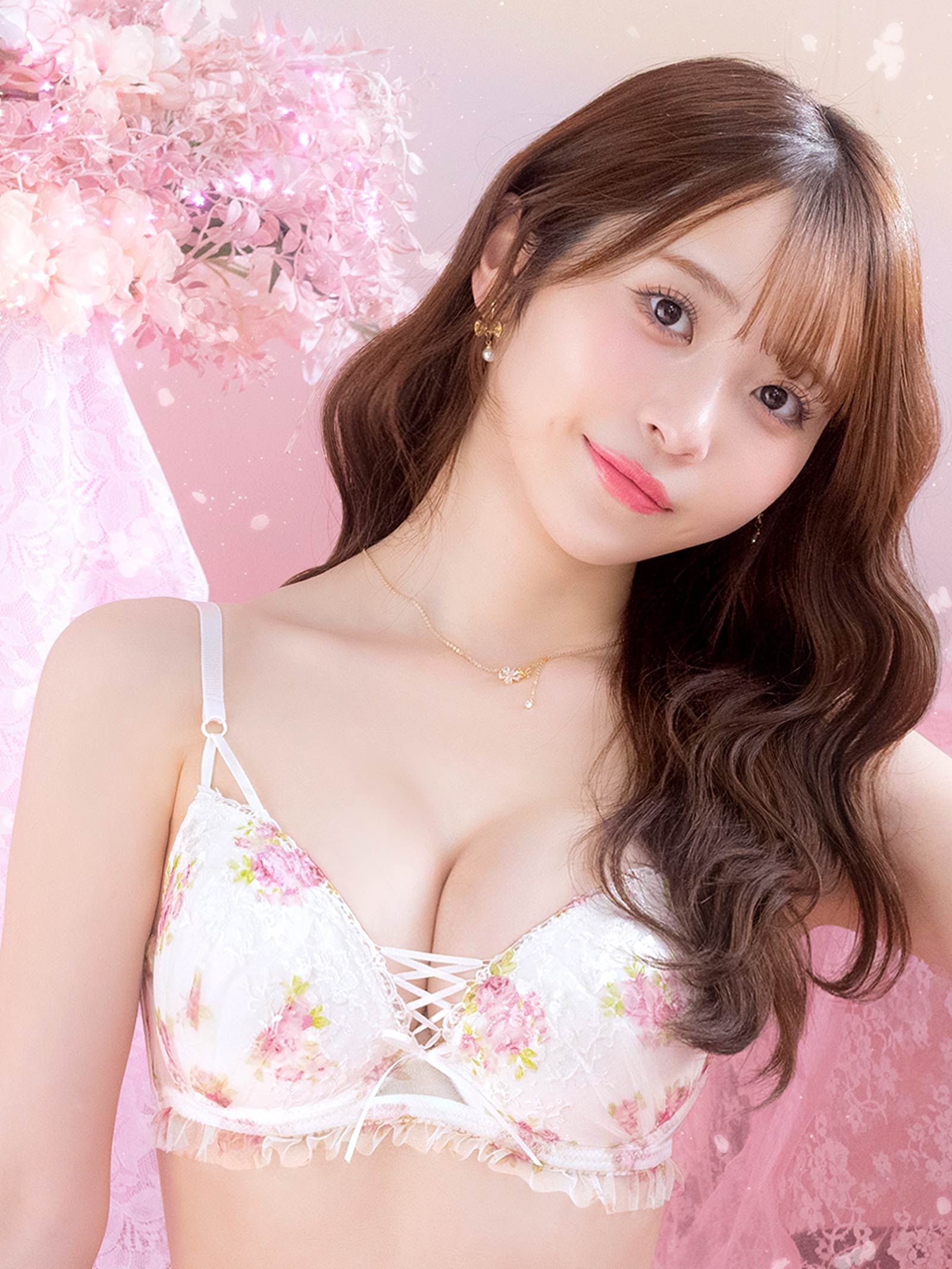 5/12再販!【かとゆり着用】ガーリーフラワーレースアップブラジャー&フルバックショーツ