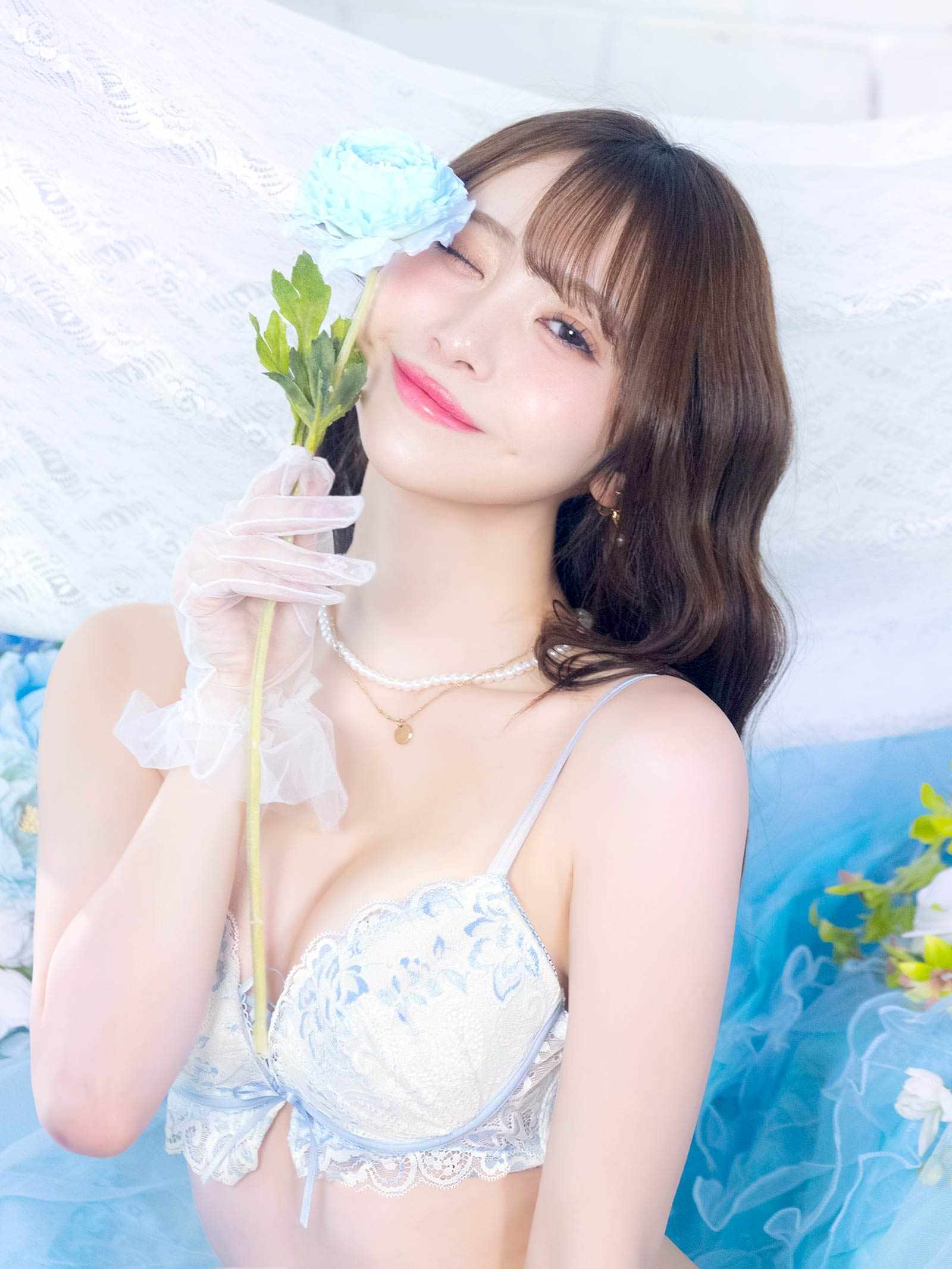 4/29新作!【かとゆり着用】パステルフラワーレースアップブラジャー&バック透けフルバックショーツ