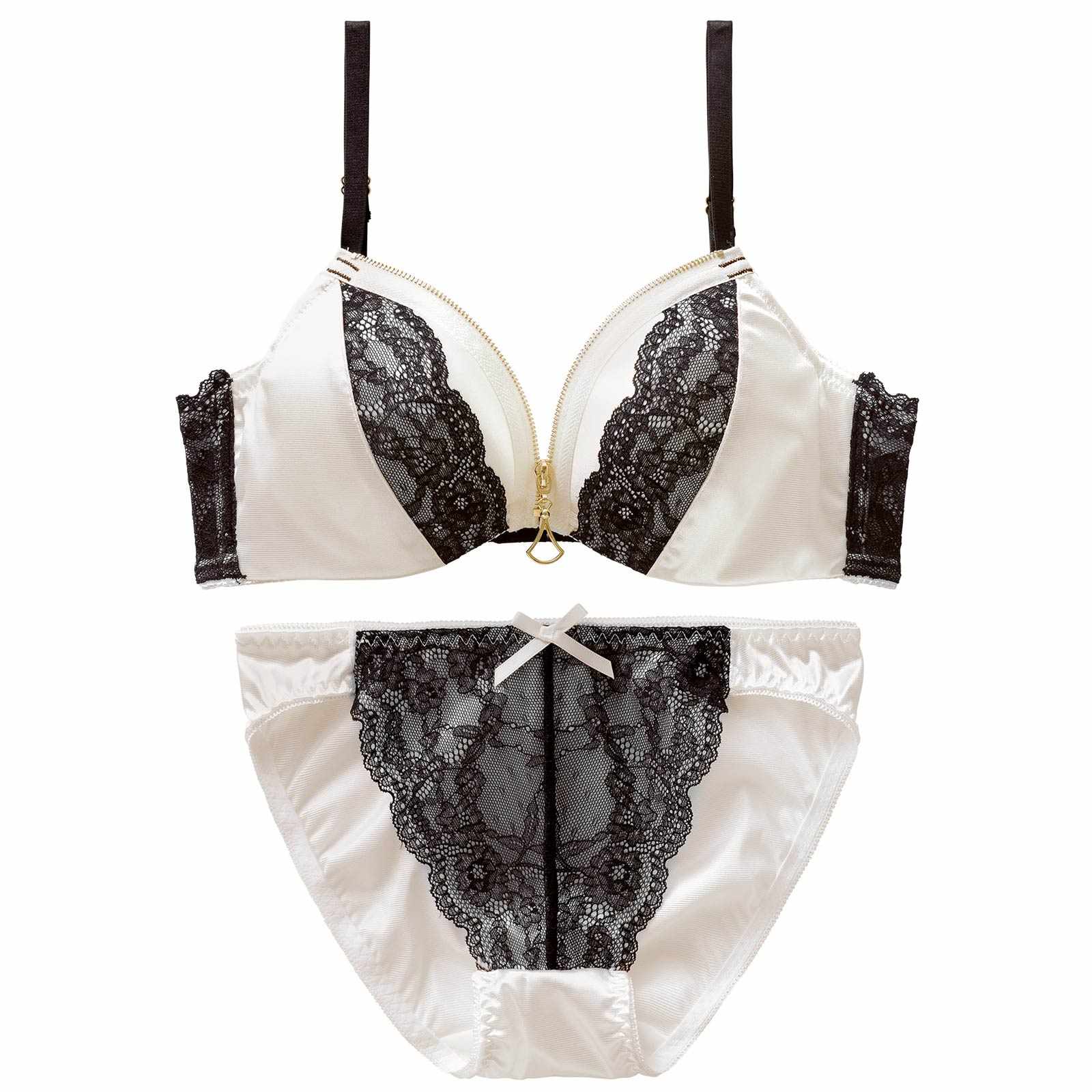 4/13新作!サテンレースファスナーブラジャー&フルバックショーツ