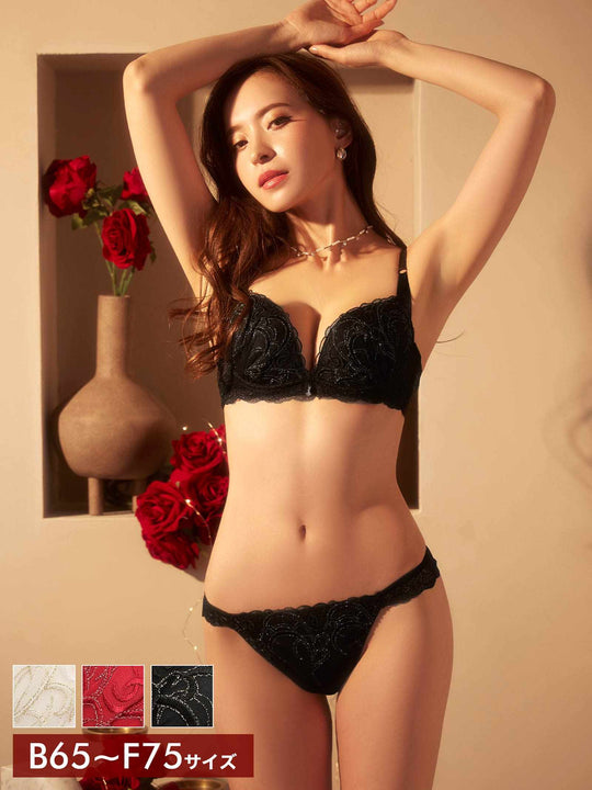 ナチュラルプティエンブロイダリーブラジャー&バック透けフルバックショーツ