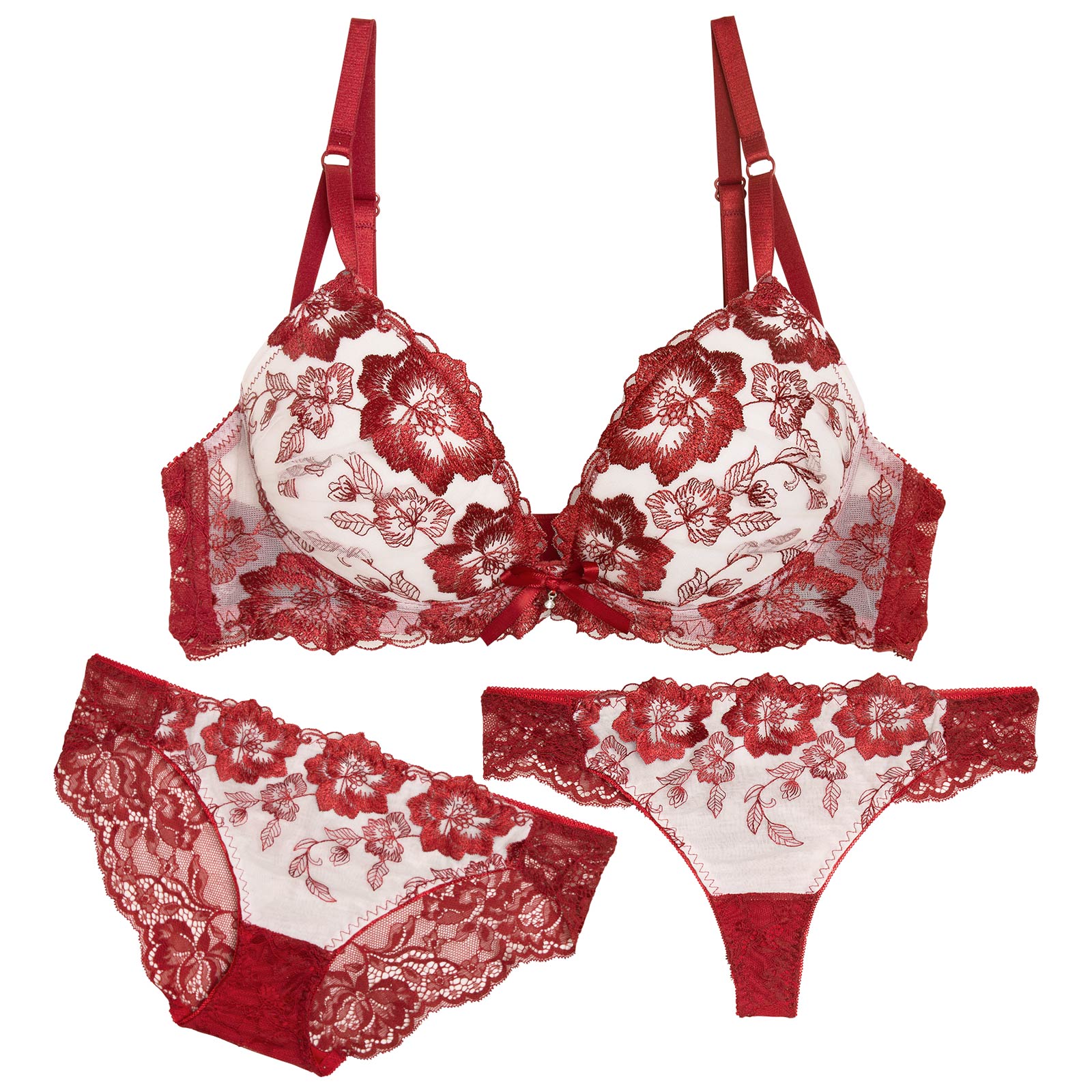 1/31再販!【3点セット】ベルフルールエンブロイダリーブラジャー&バック透けフルバック&Tバックショーツ