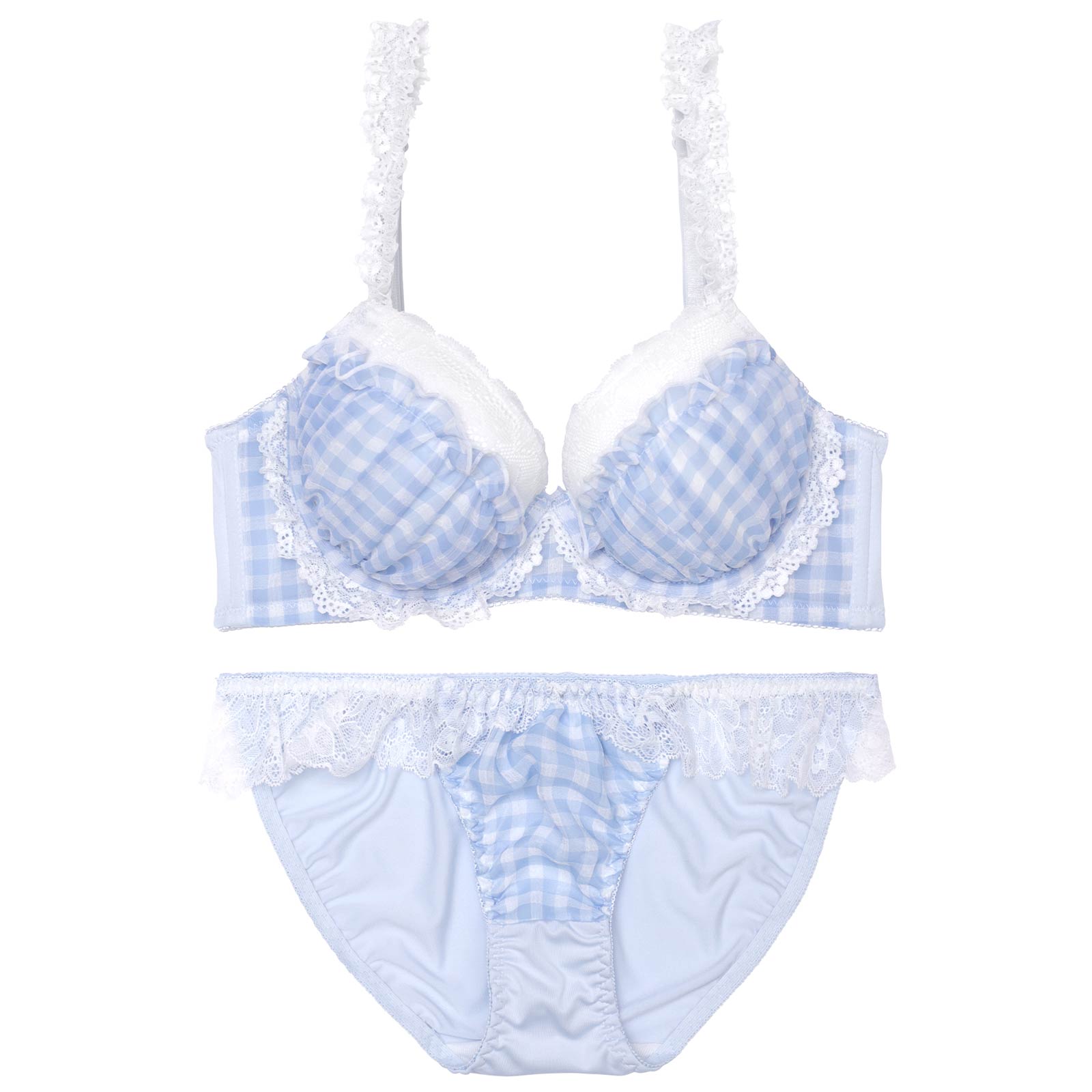 12/16再販!【かとゆり着用】ファンシーギンガムシアーフリル育乳脇高ブラジャー&フルバックショーツ