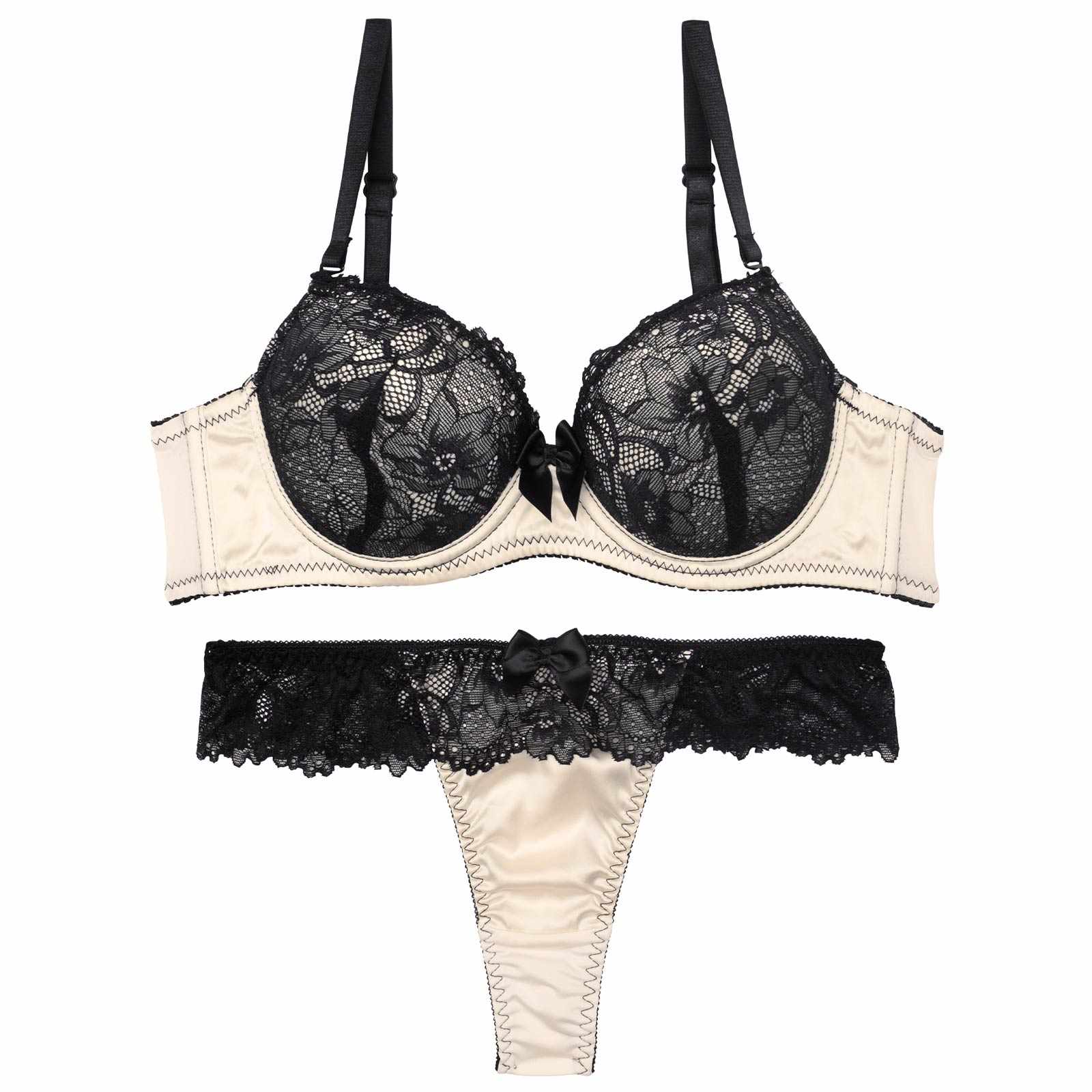 【EFサイズ】ロマンティックビターレースブラジャー&Tバックショーツ