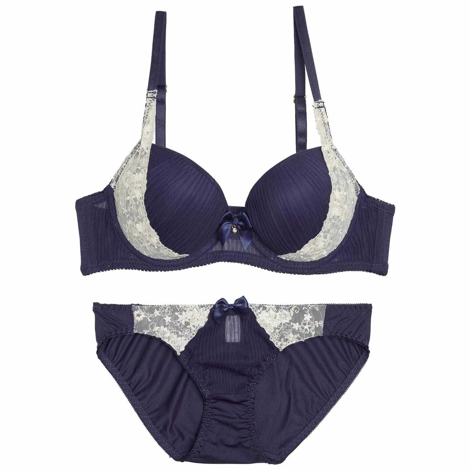 プリーツフラワーレースブラジャー&フルバックショーツ