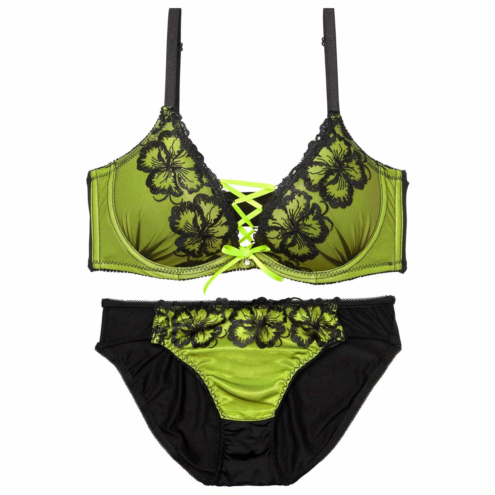 【EFサイズ】ネオンフラワースピンドル育乳脇高ブラジャー&フルバックショーツ