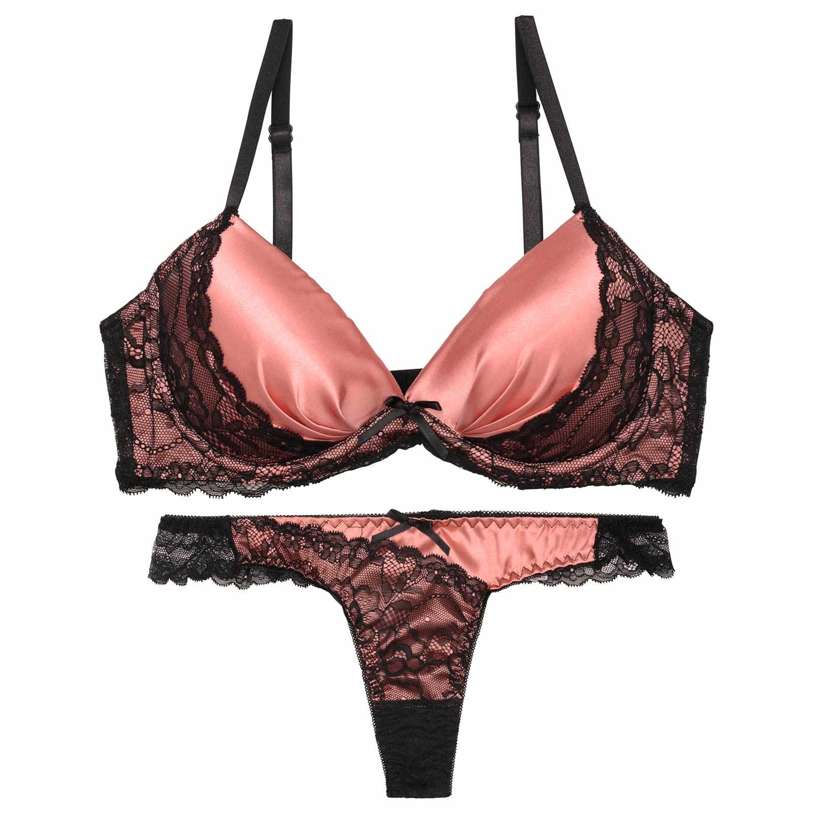ノーブルサテンレース育乳脇高ブラジャー&バック透けTバックショーツ