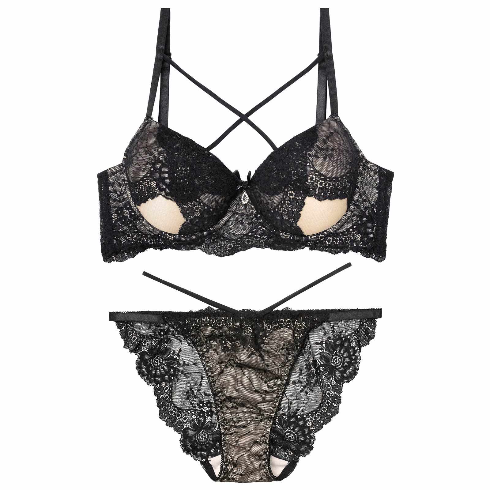 【EFサイズ】クロスカットアウトレーシィブラジャー&バック透けフルバックショーツ