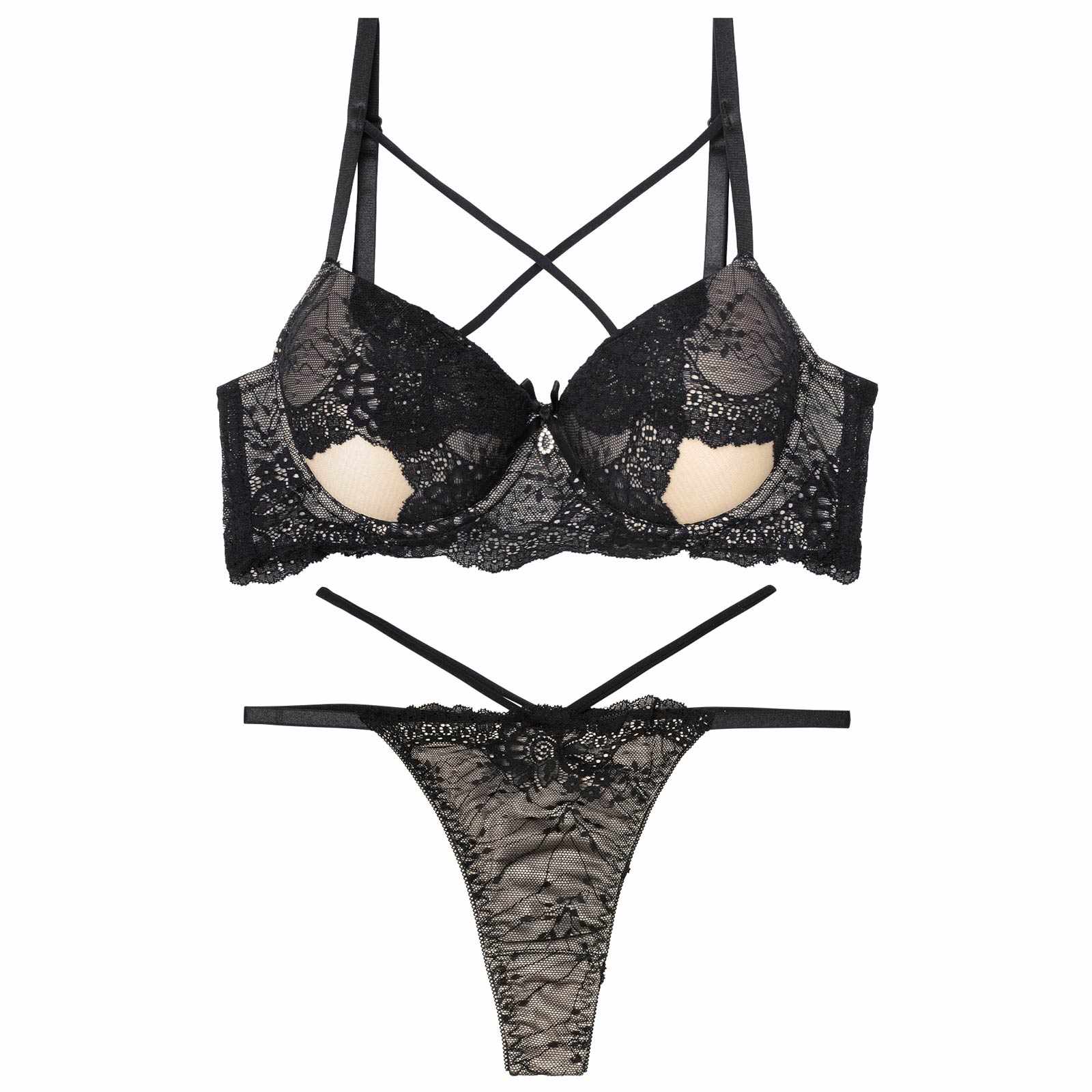 10/28再販!【EFサイズ】クロスカットアウトレーシィブラジャー&バック透けTバックショーツ