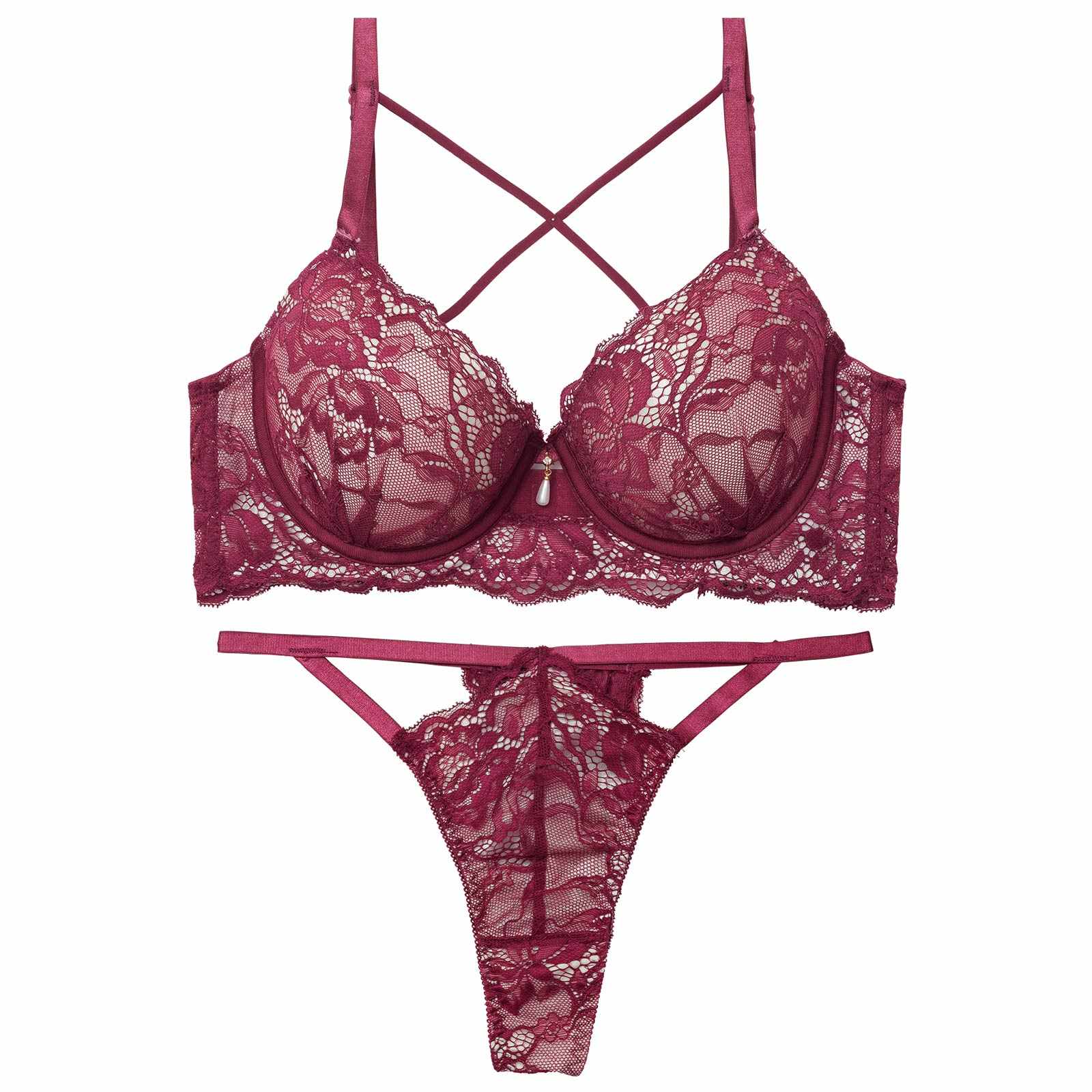 ラビッシュレースストリング育乳脇高ブラジャー&バック透けTバックショーツ