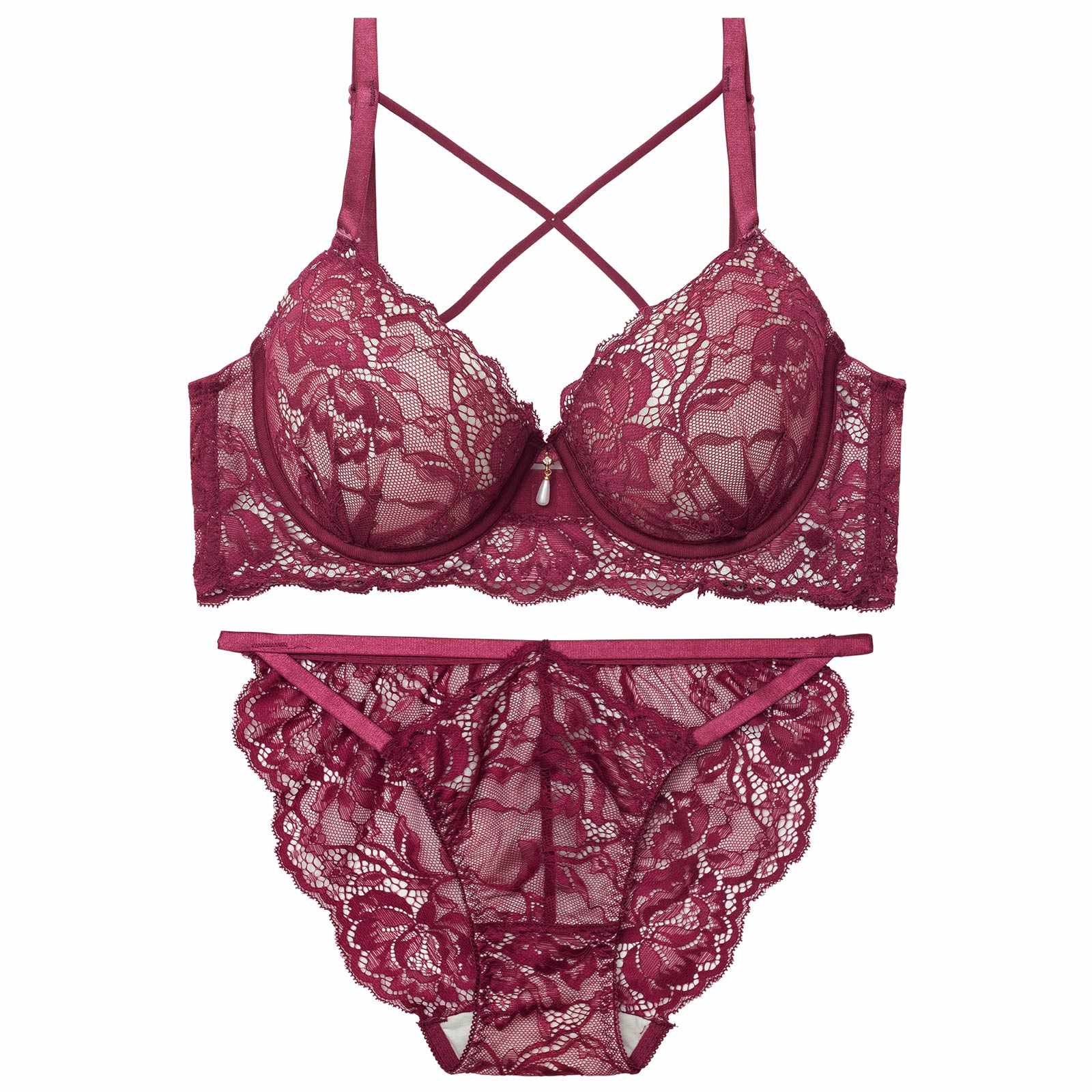 【EFサイズ】ラビッシュレースストリング育乳脇高ブラジャー&バック透けフルバックショーツ