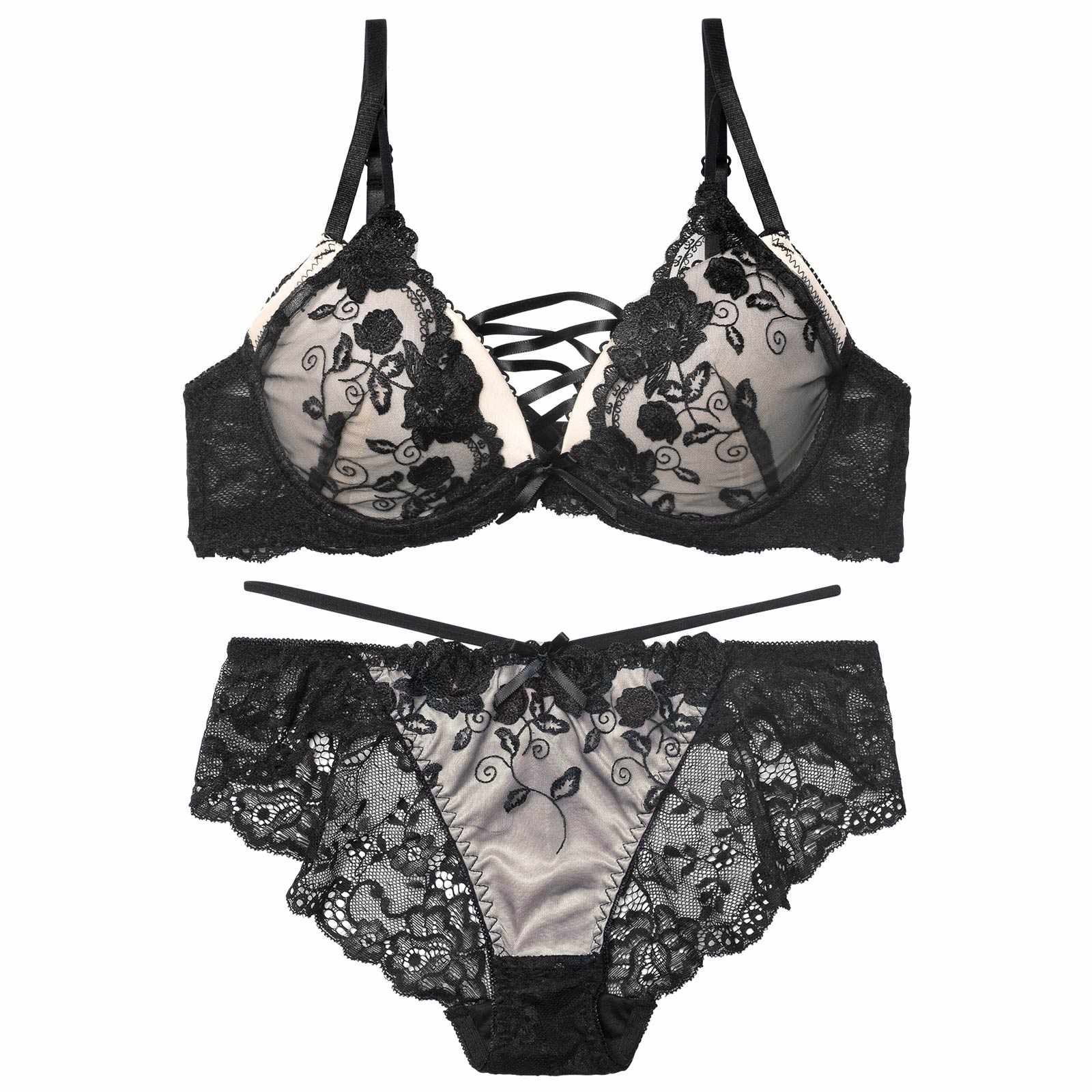 12/12新作!ノワールフラワーレースアップブラジャー&バック透けフルバックショーツ