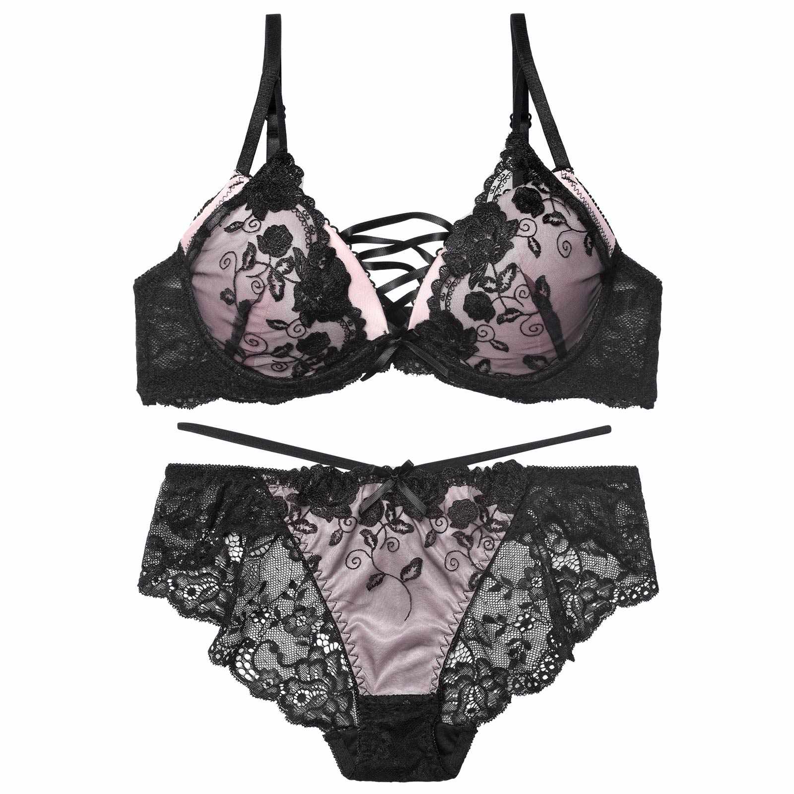 12/12新作!【EFサイズ】ノワールフラワーレースアップブラジャー&バック透けフルバックショーツ