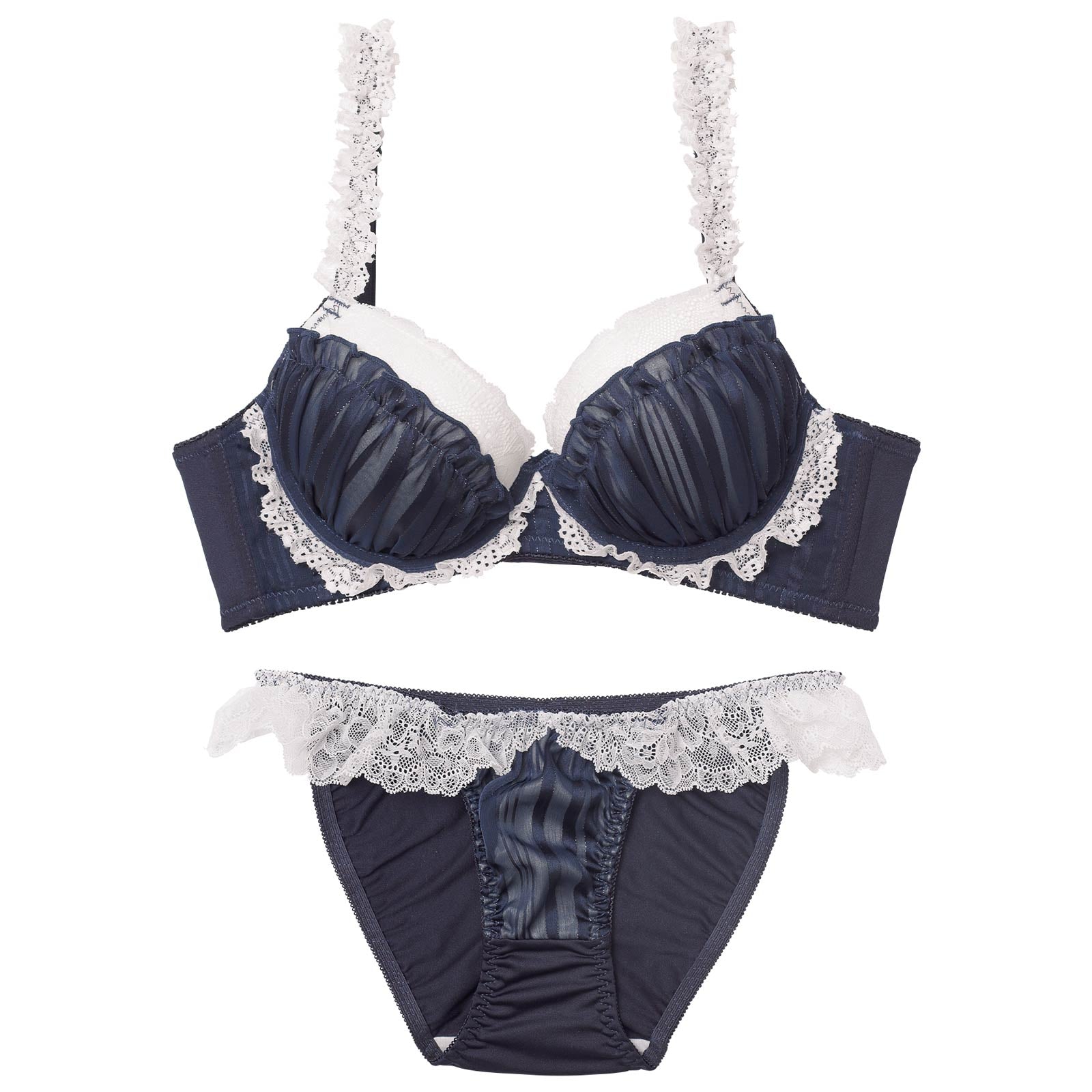 【EFサイズ】シャイニーフリルレース育乳脇高ブラジャー&フルバックショーツ