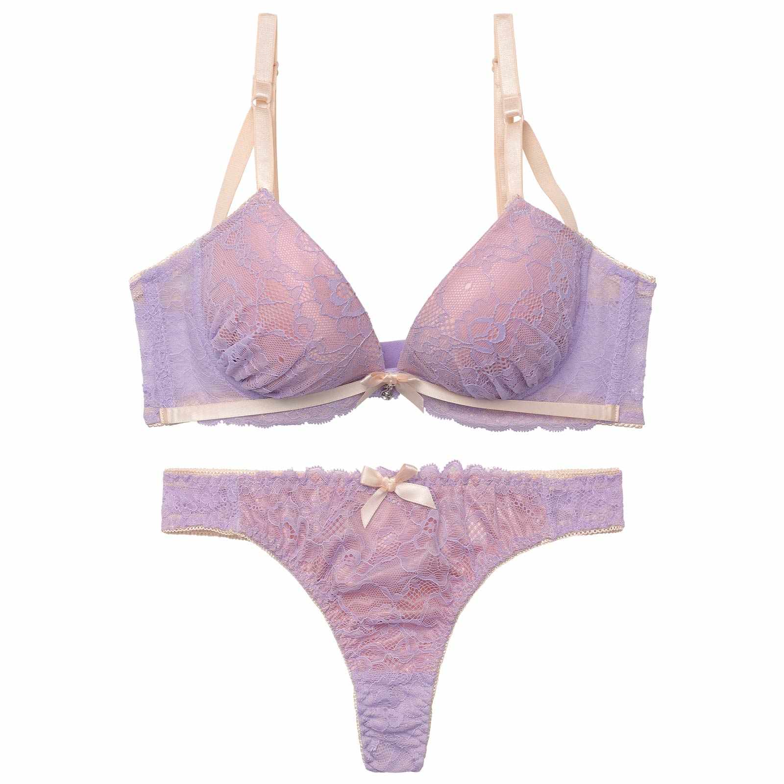 3/4新作!バイカラーリボンレース育乳脇高ブラジャー&バック透けTバックショーツ