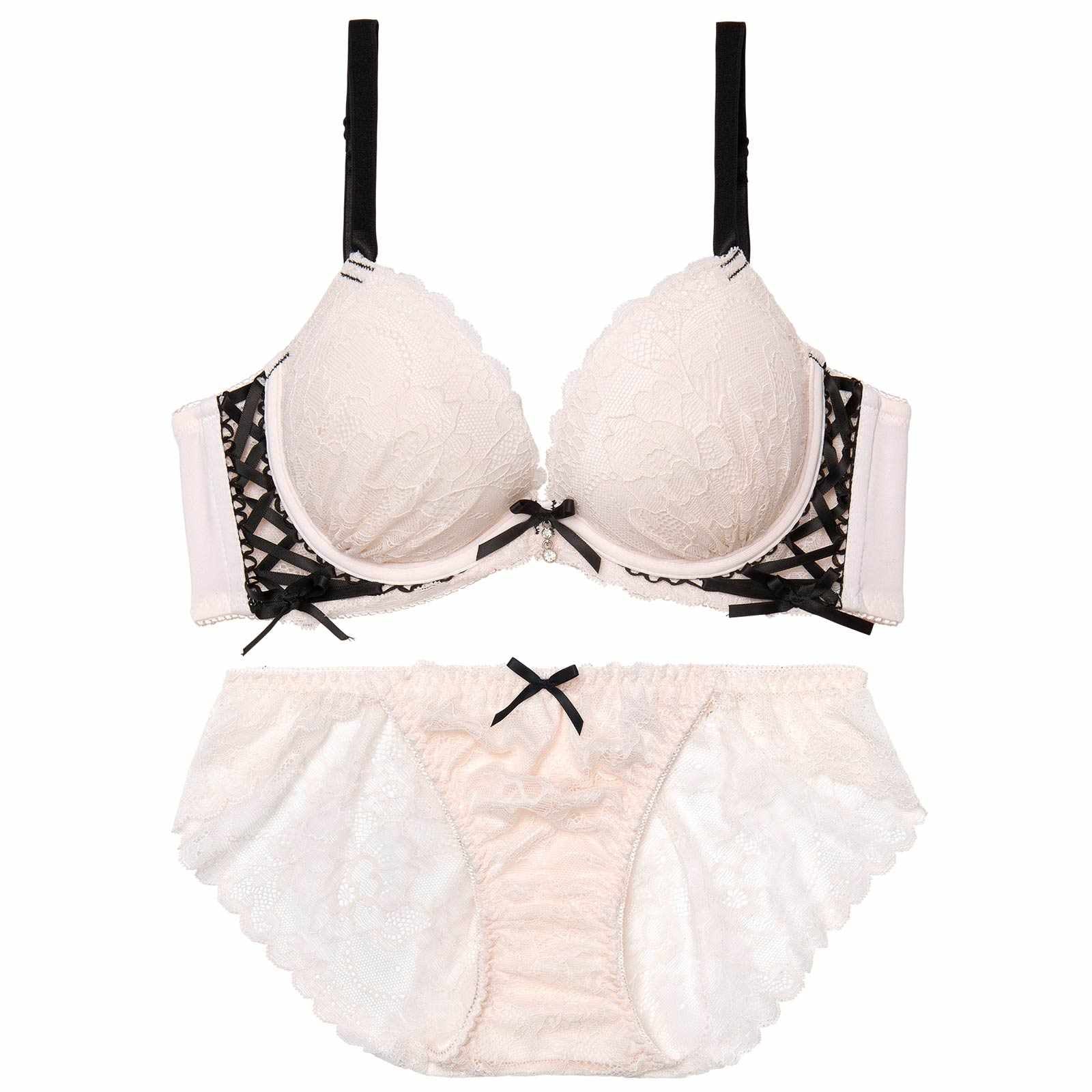 4/22新作!スピンドルリボンレース育乳脇高ブラジャー&バック透けフルバックショーツ