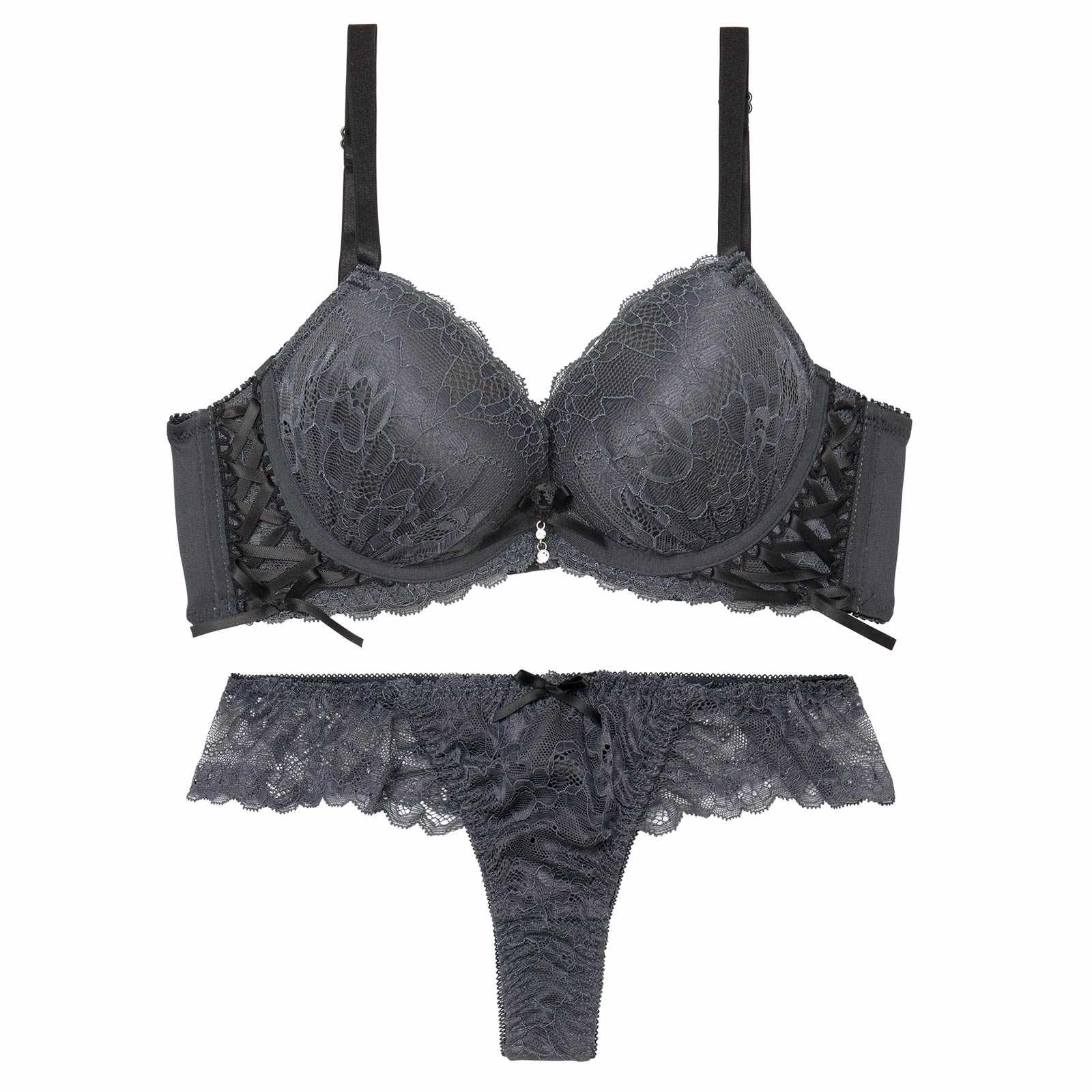 4/22新作!スピンドルリボンレース育乳脇高ブラジャー&バック透けTバックショーツ