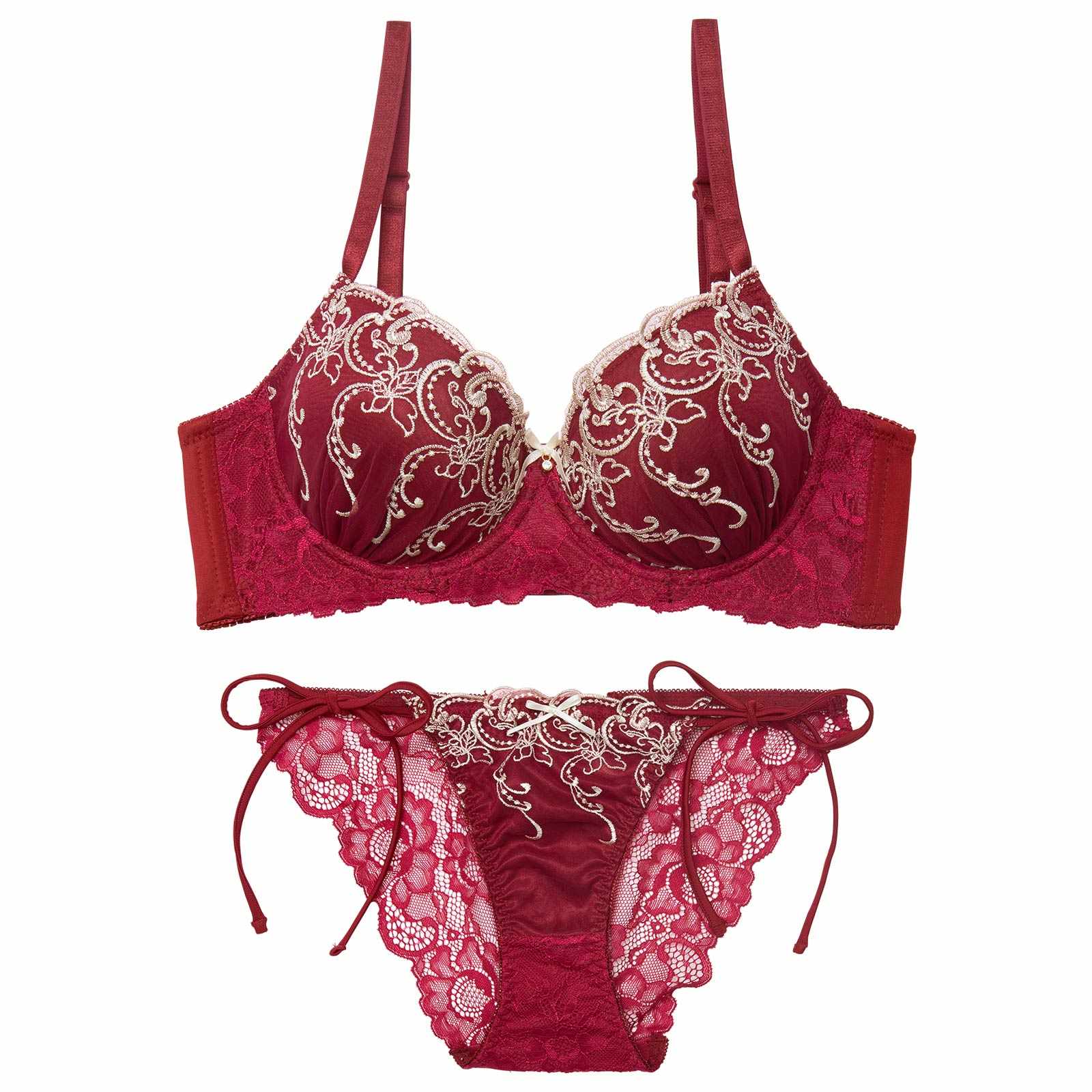 12/11再販!【三上悠亜着用】ダマスクホリデーエンブロイダリー育乳脇高ブラジャー&サイド紐バック透けフルバックショーツ