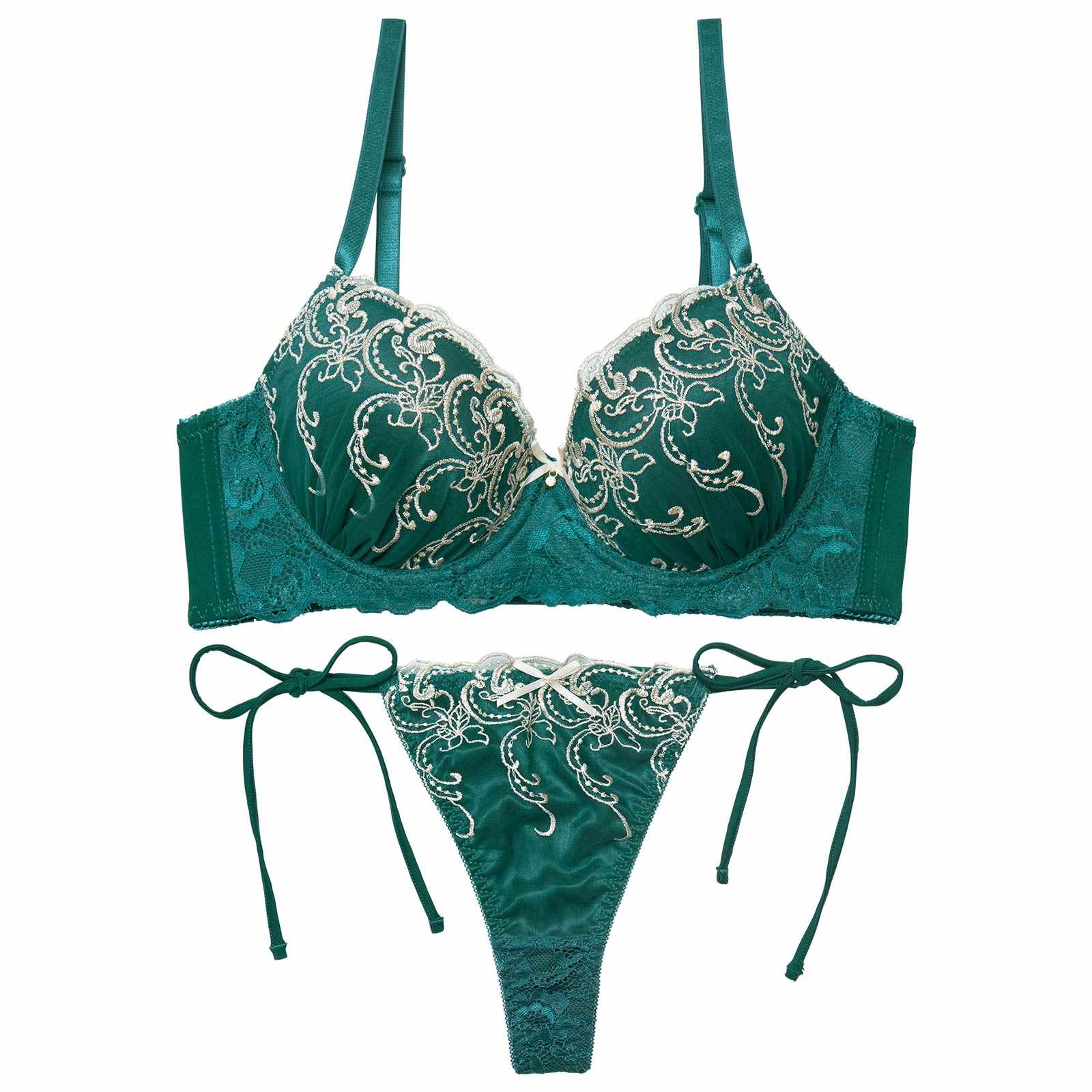 11/19新作!【三上悠亜着用】【EFサイズ】ダマスクホリデーエンブロイダリー育乳脇高ブラジャー&サイド紐バック透けTバックショーツ