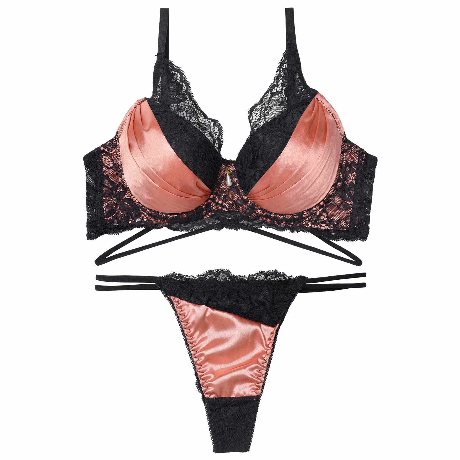 12/15新作!グロッシーサテンレース育乳脇高ブラジャー＆バック透けTバックショーツ