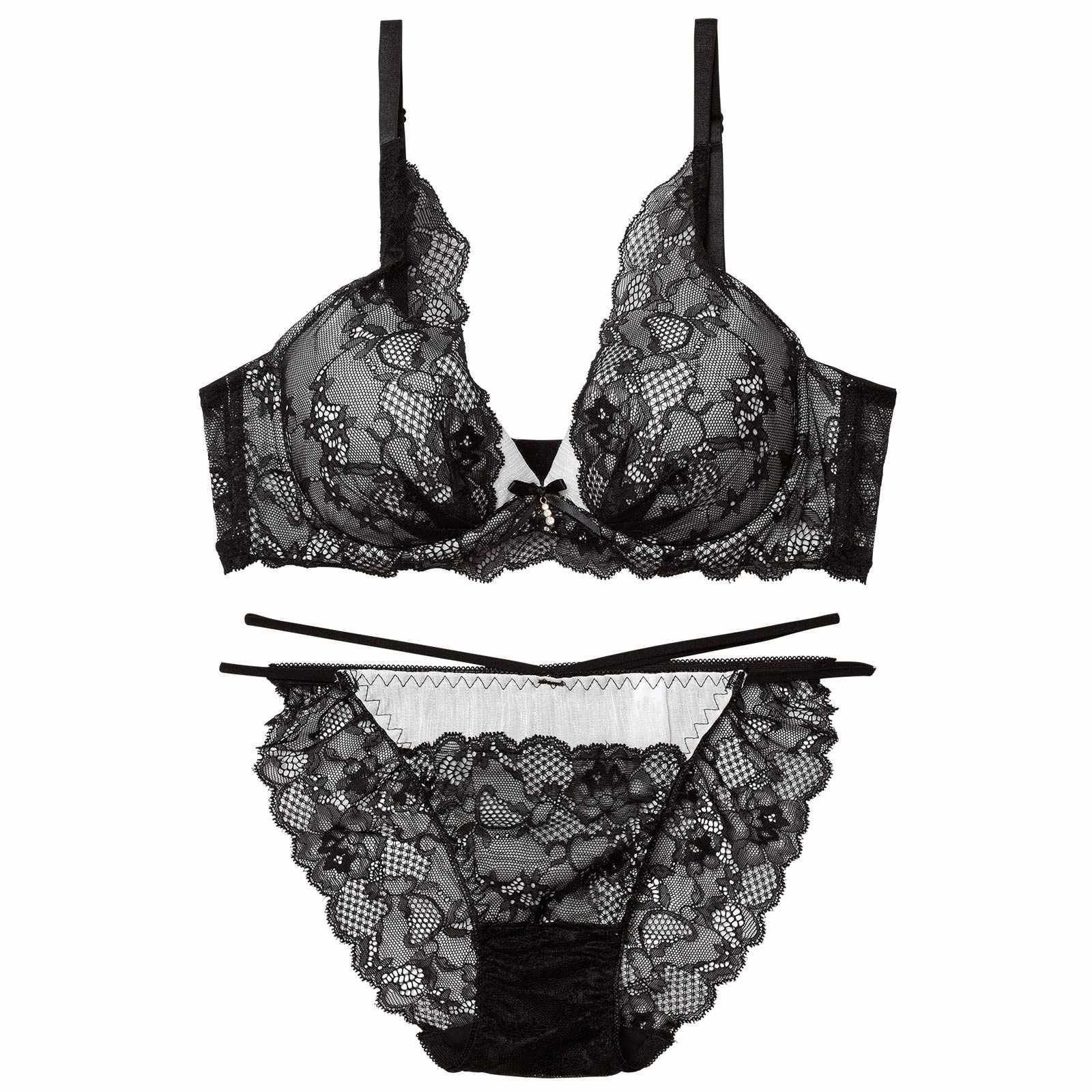 3/16新作!アリュールミッドナイトレース育乳脇高ブラジャー&バック透けフルバックショーツ
