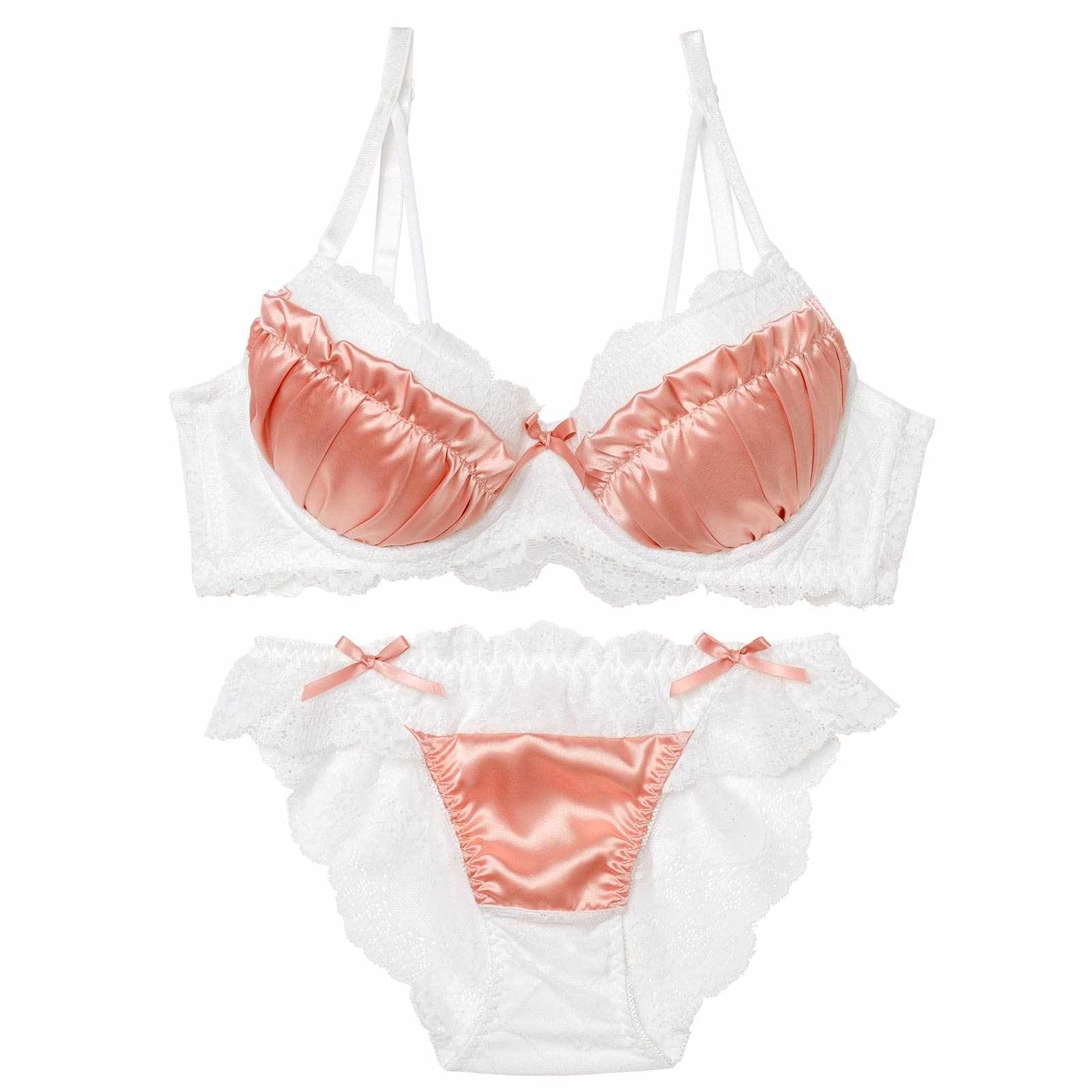 2/2新作!スウィートサテンレース育乳脇高ブラジャー&バック透けフルバックショーツ
