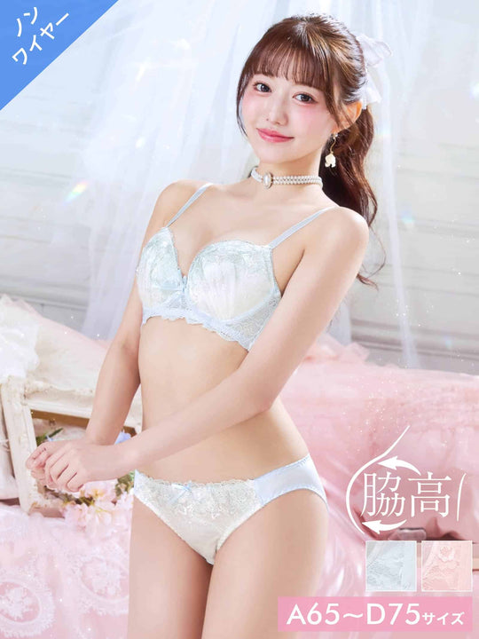 8/12新作!【ノンワイヤー】パステルリボンブルーム育乳脇高ブラジャー&フルバックショーツ