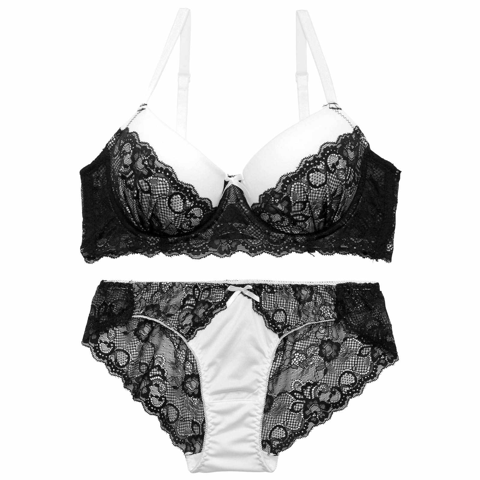 4/1新作!ガーリーモノトーンレースブラジャー&バック透けフルバックショーツ