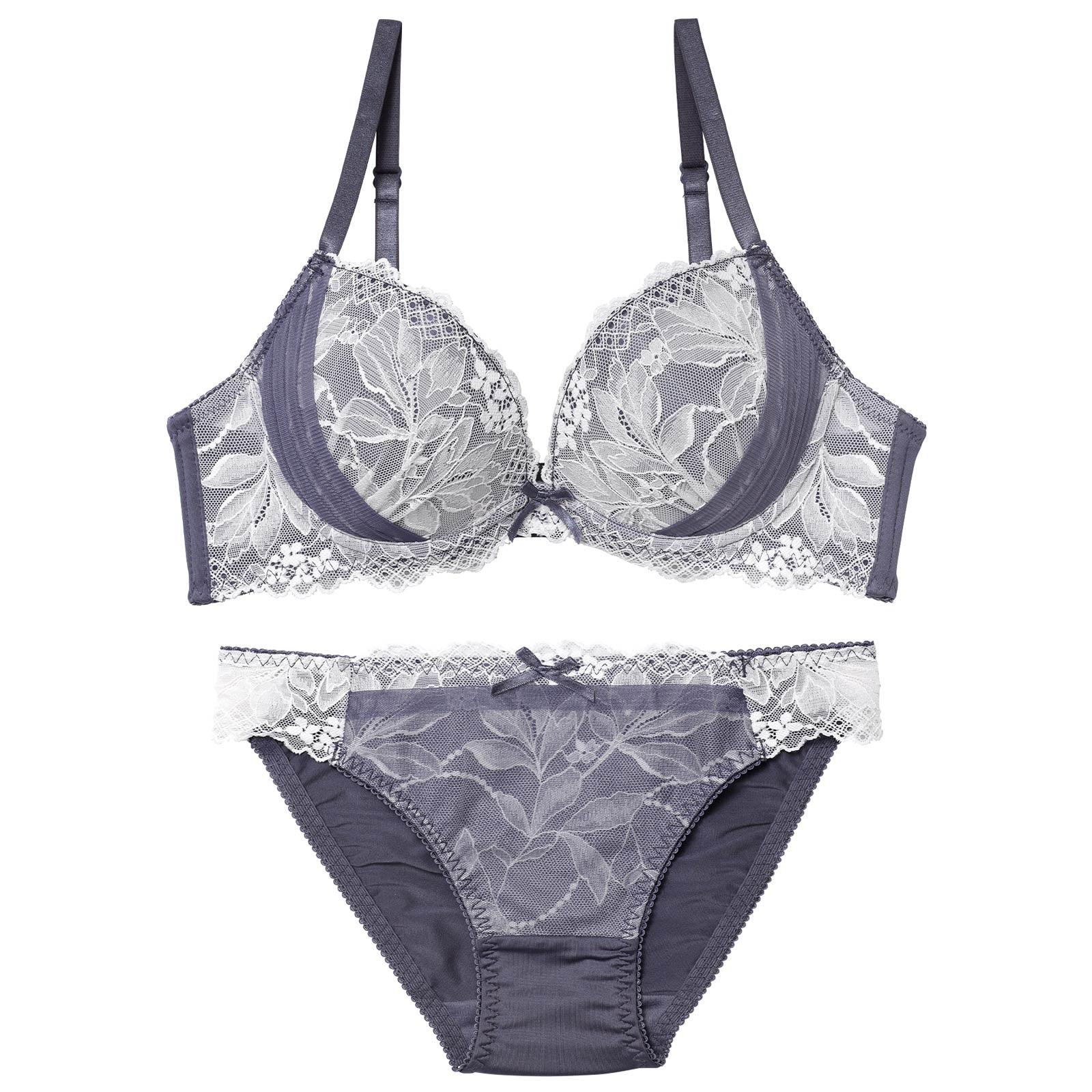 【EFサイズ】ボタニカルレースチュールブラジャー＆フルバックショーツ