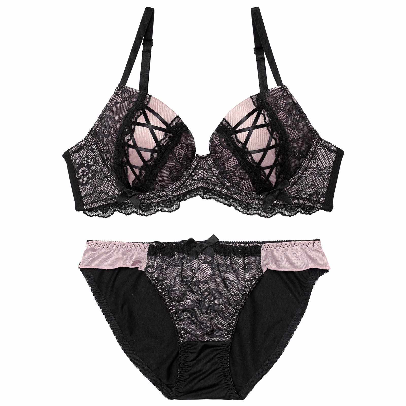 3/27新作!【EFサイズ】ダークガーリーレースアップブラジャー&フルバックショーツ