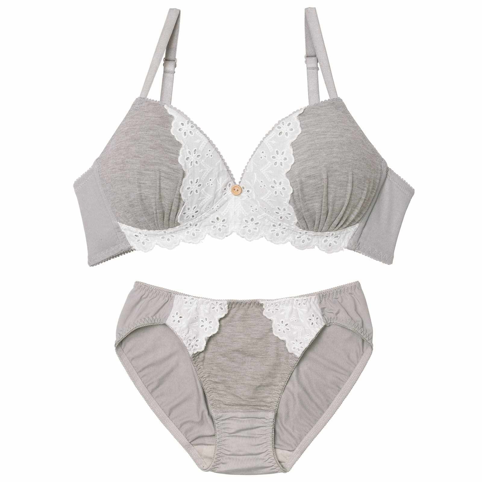 【ノンワイヤー】ナチュラルボタンレースブラジャー&フルバックショーツ
