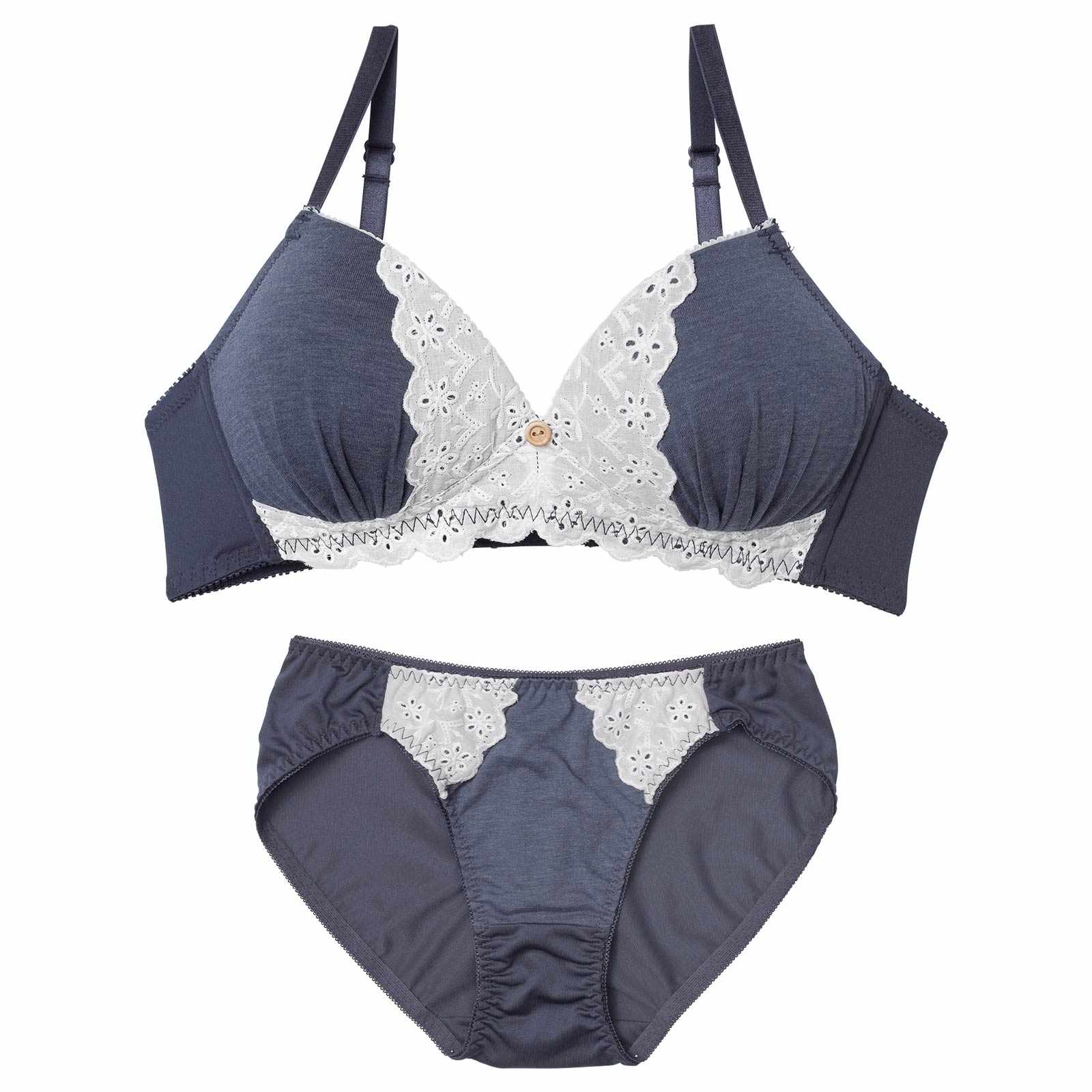 【ノンワイヤー】ナチュラルボタンレースブラジャー&フルバックショーツ