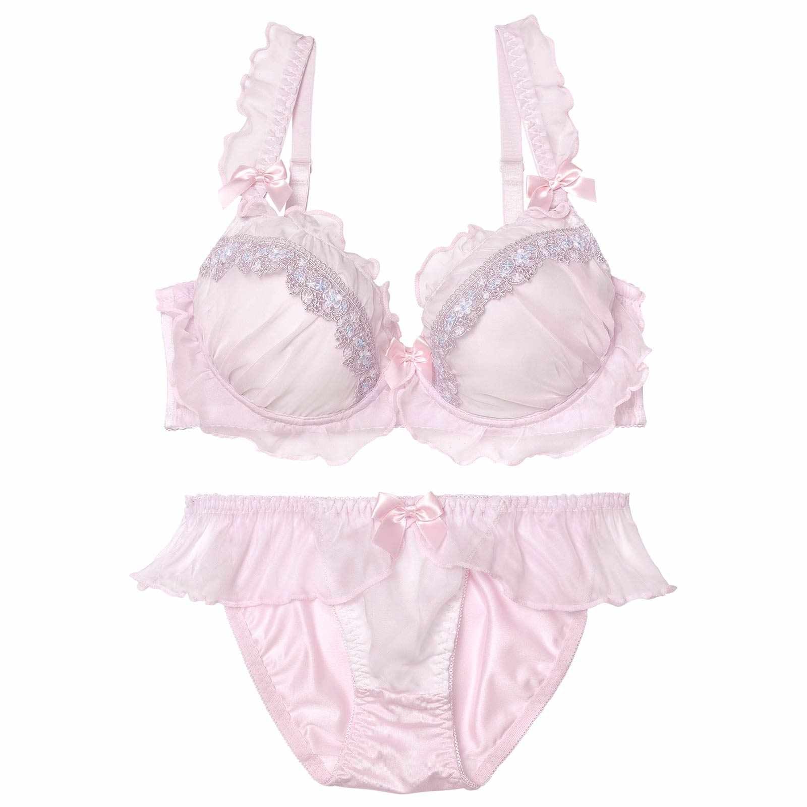 【EFサイズ】スウィートフリルエンブロイダリーブラジャー&フルバックショーツ