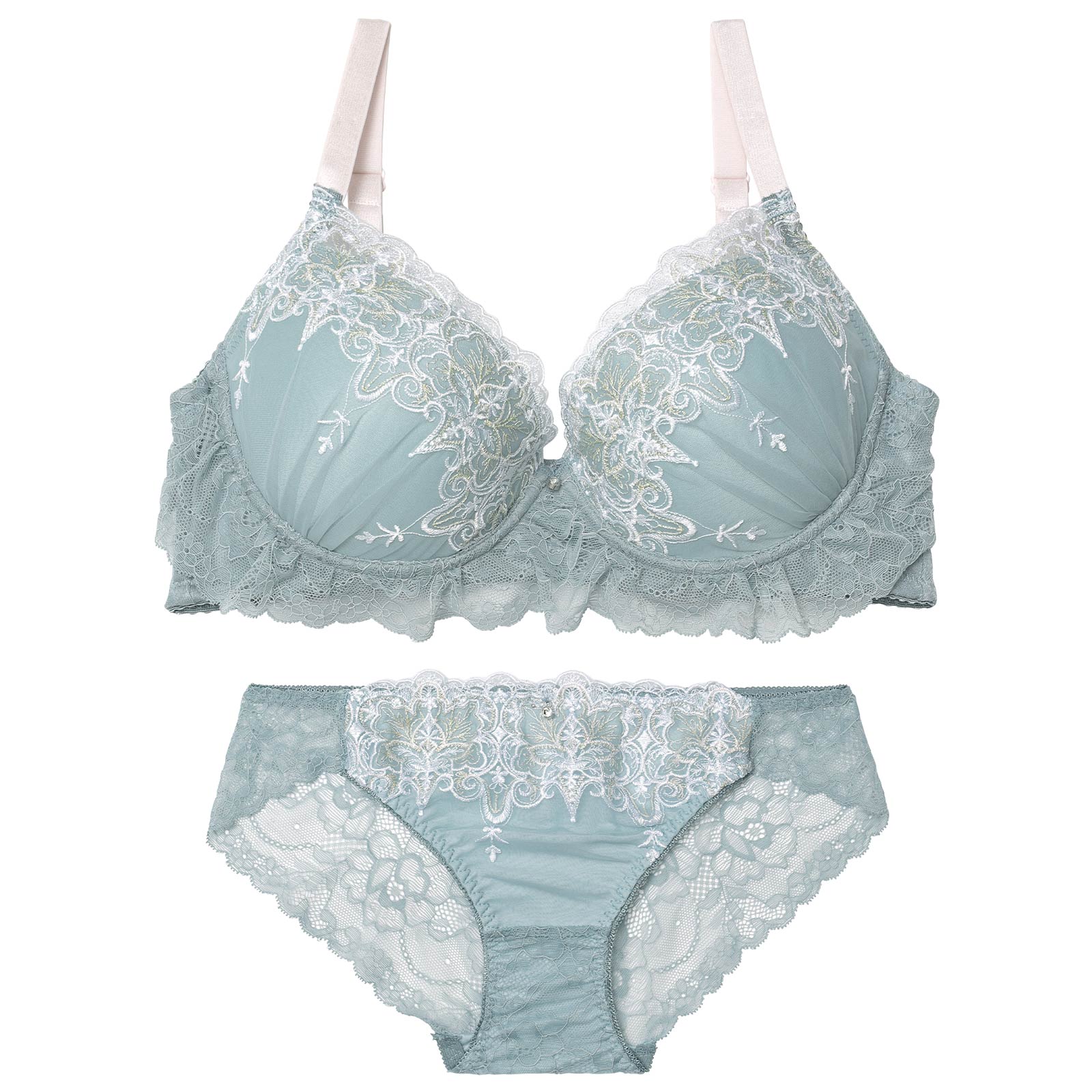 【EFサイズ】ルミナスティアラレースブラジャー&バック透けフルバックショーツ