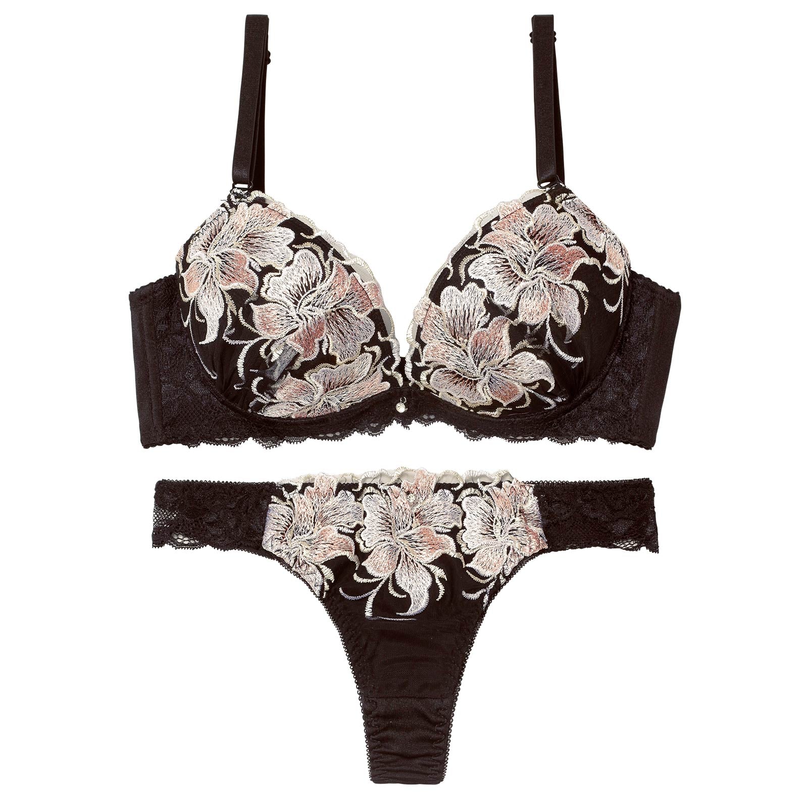 4/3新作!【三上悠亜着用】ゴージャスフルールエンブロイダリー育乳脇高ブラジャー&Tバックショーツ