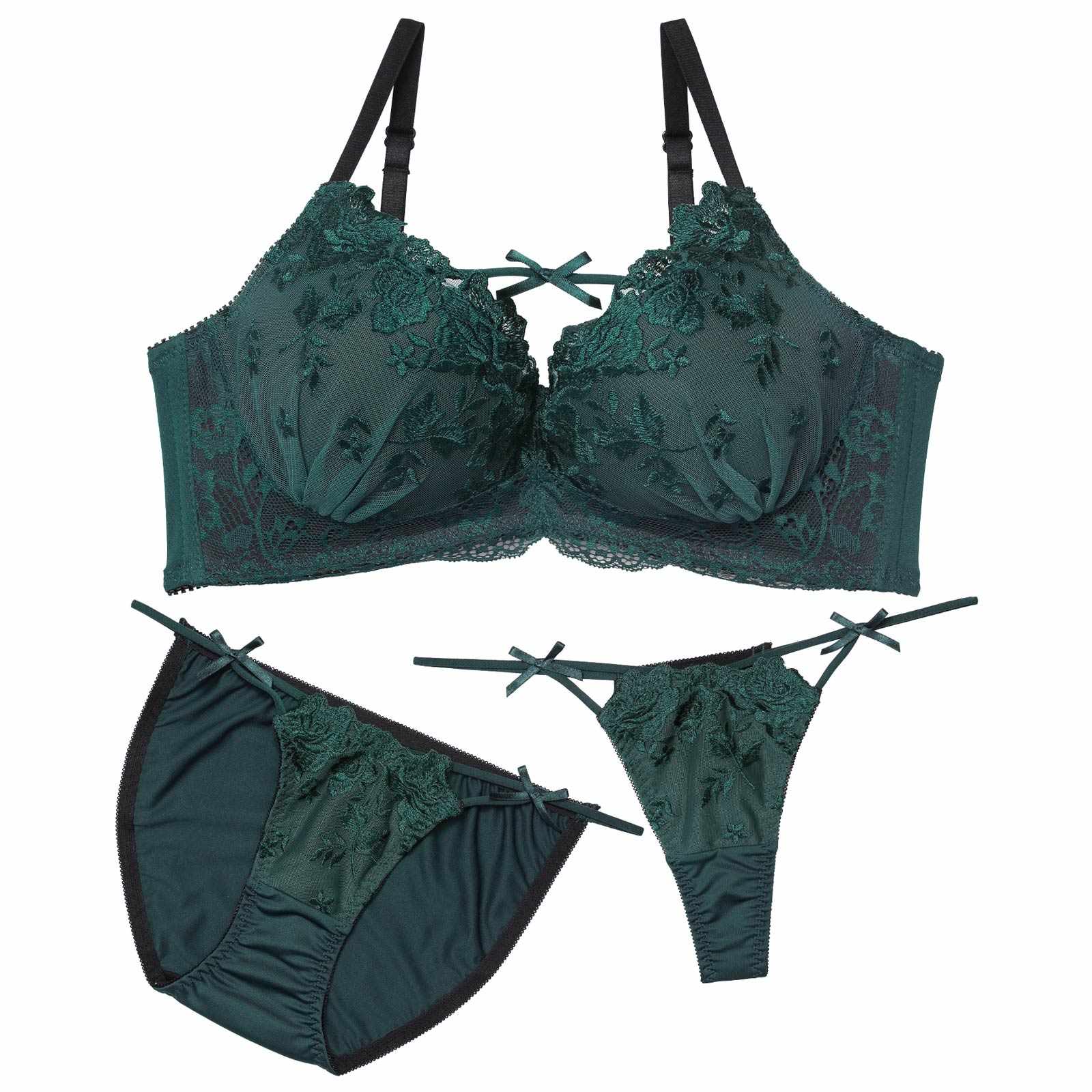 12/24新作!【3点セット】ディープローズリボンコード育乳脇高ブラジャー&フルバック&Tバックショーツ