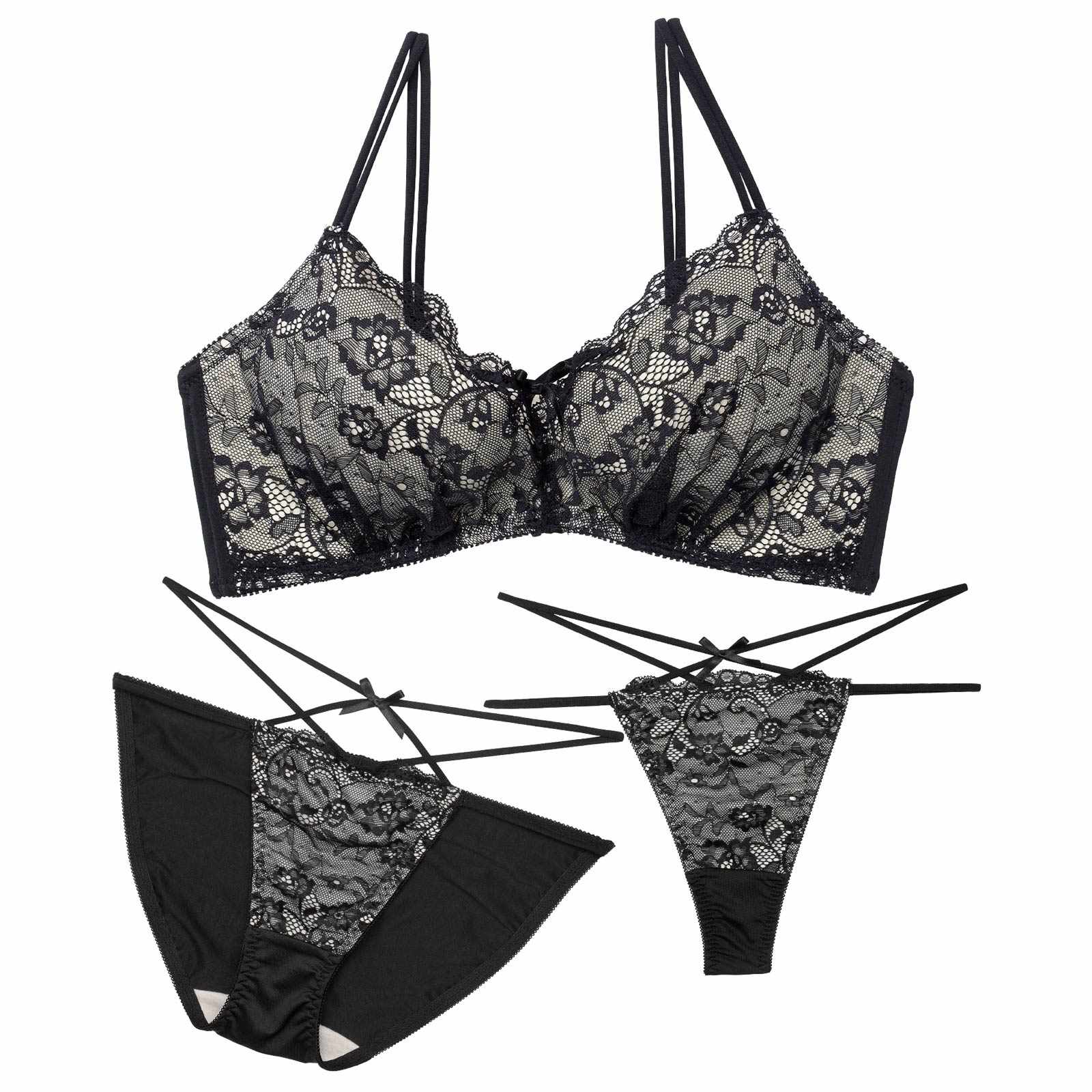 12/26新作!【3点セット】【EFサイズ】フローラルリボンコード育乳脇高ブラジャー&フルバック&Tバックショーツ