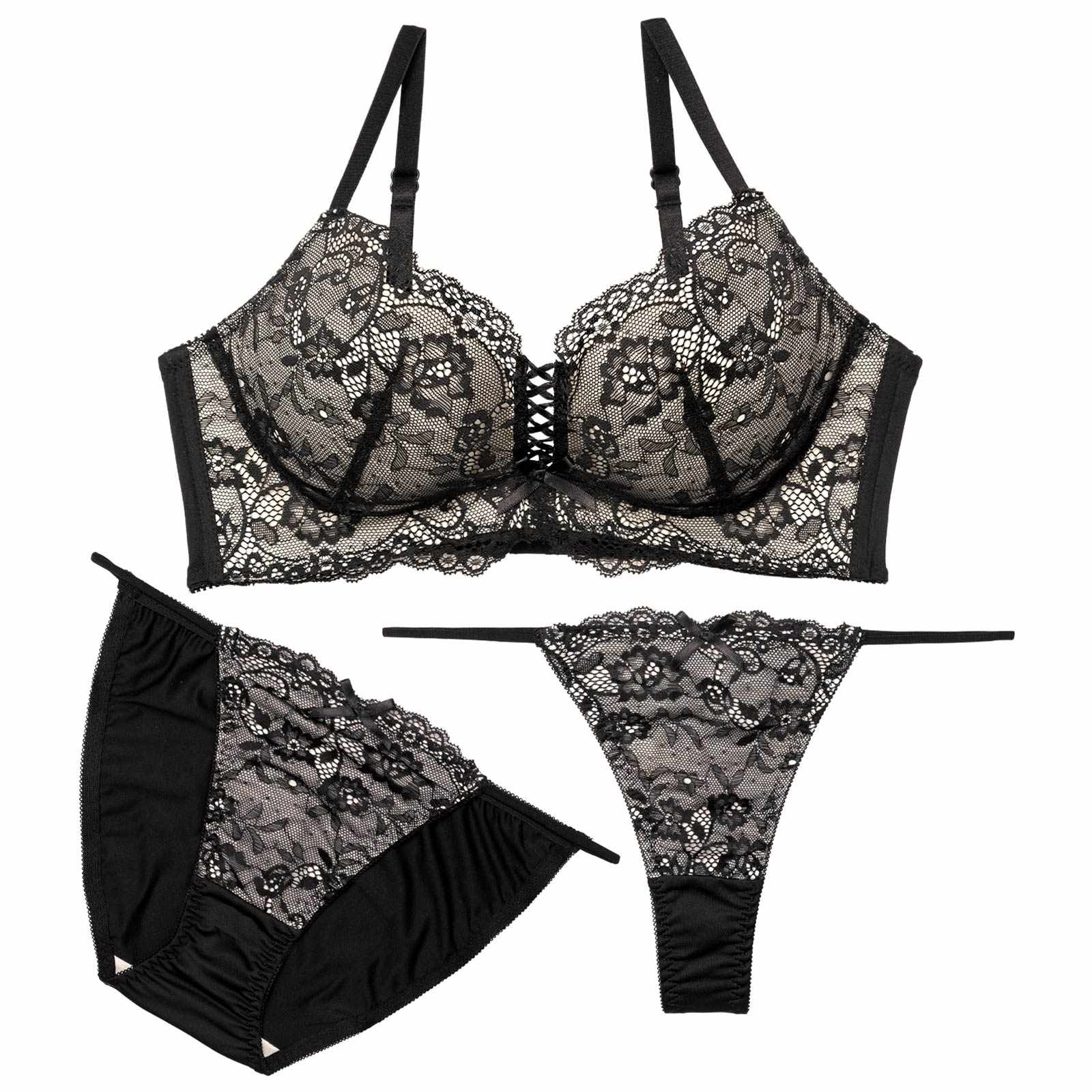 4/13新作!【三上悠亜着用】【3点セット】W盛り★リュクスシアーレース育乳脇高ブラジャー&フルバック&Tバックショーツ