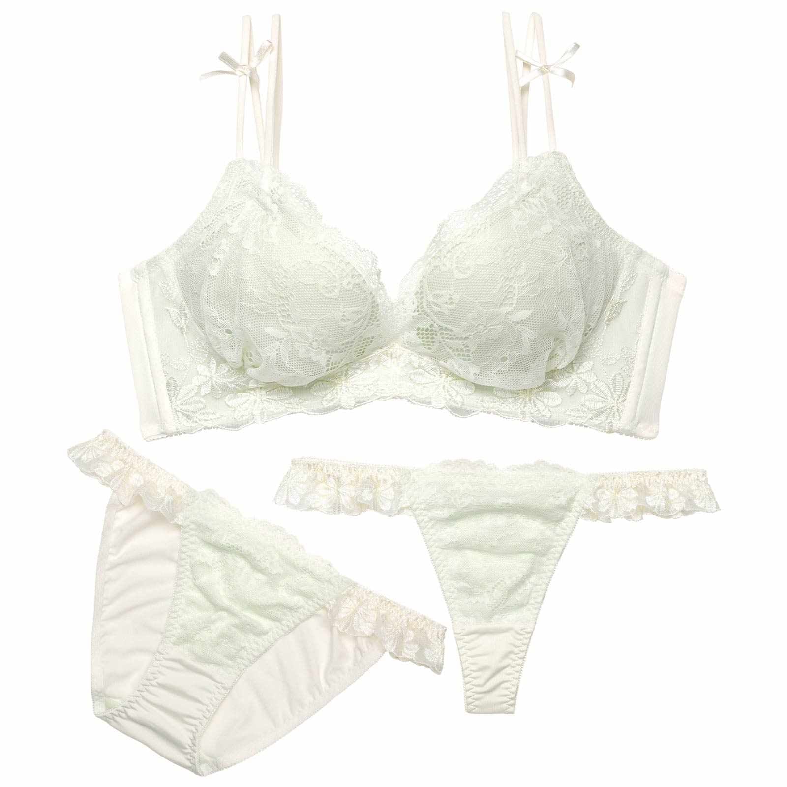 2/16新作!【3点セット】ミューズリボンレース育乳脇高ブラジャー&フルバック&Tバックショーツ