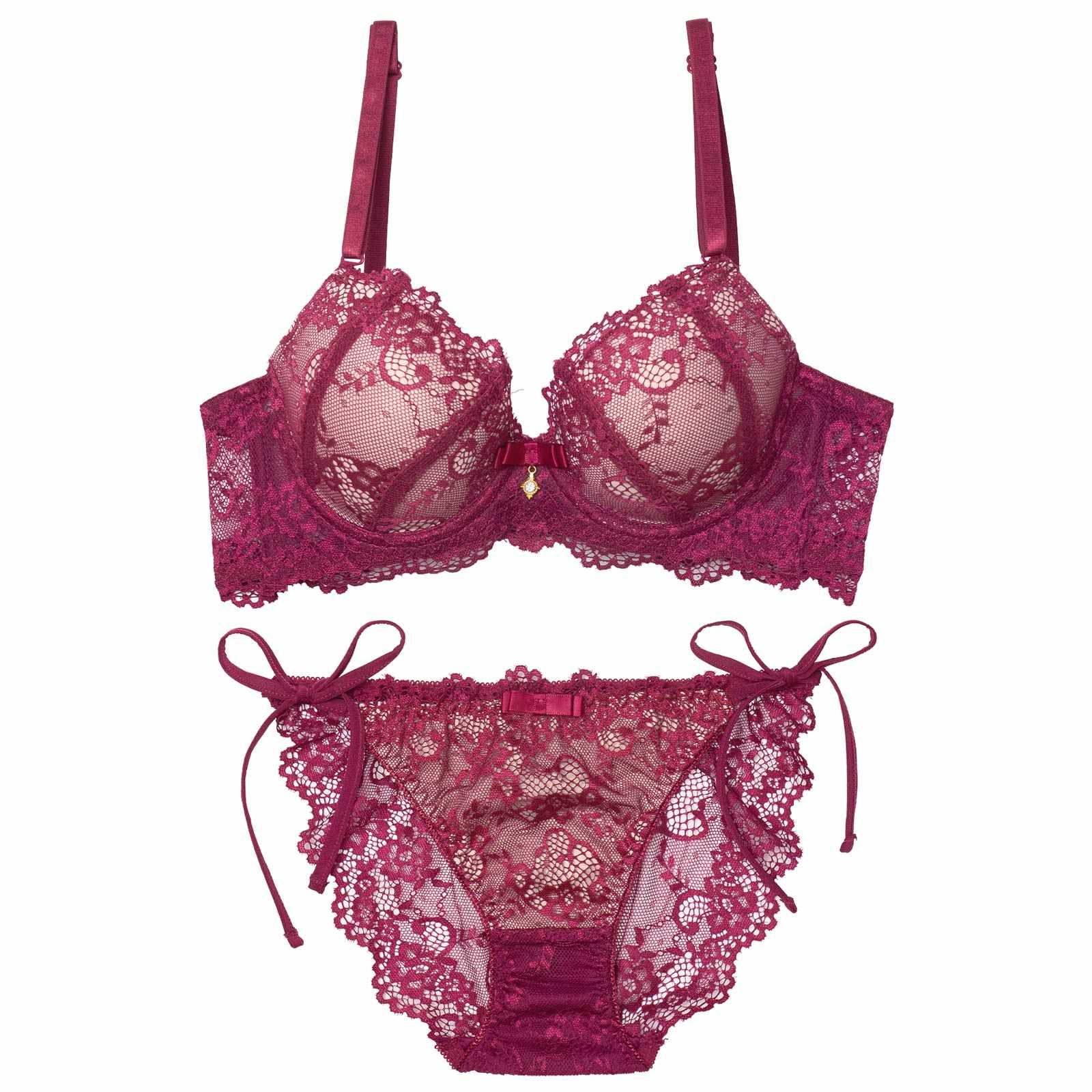 1/15再販!【EFサイズ】ヌーディーレース育乳脇高ブラジャー&サイド紐バック透けフルバックショーツ